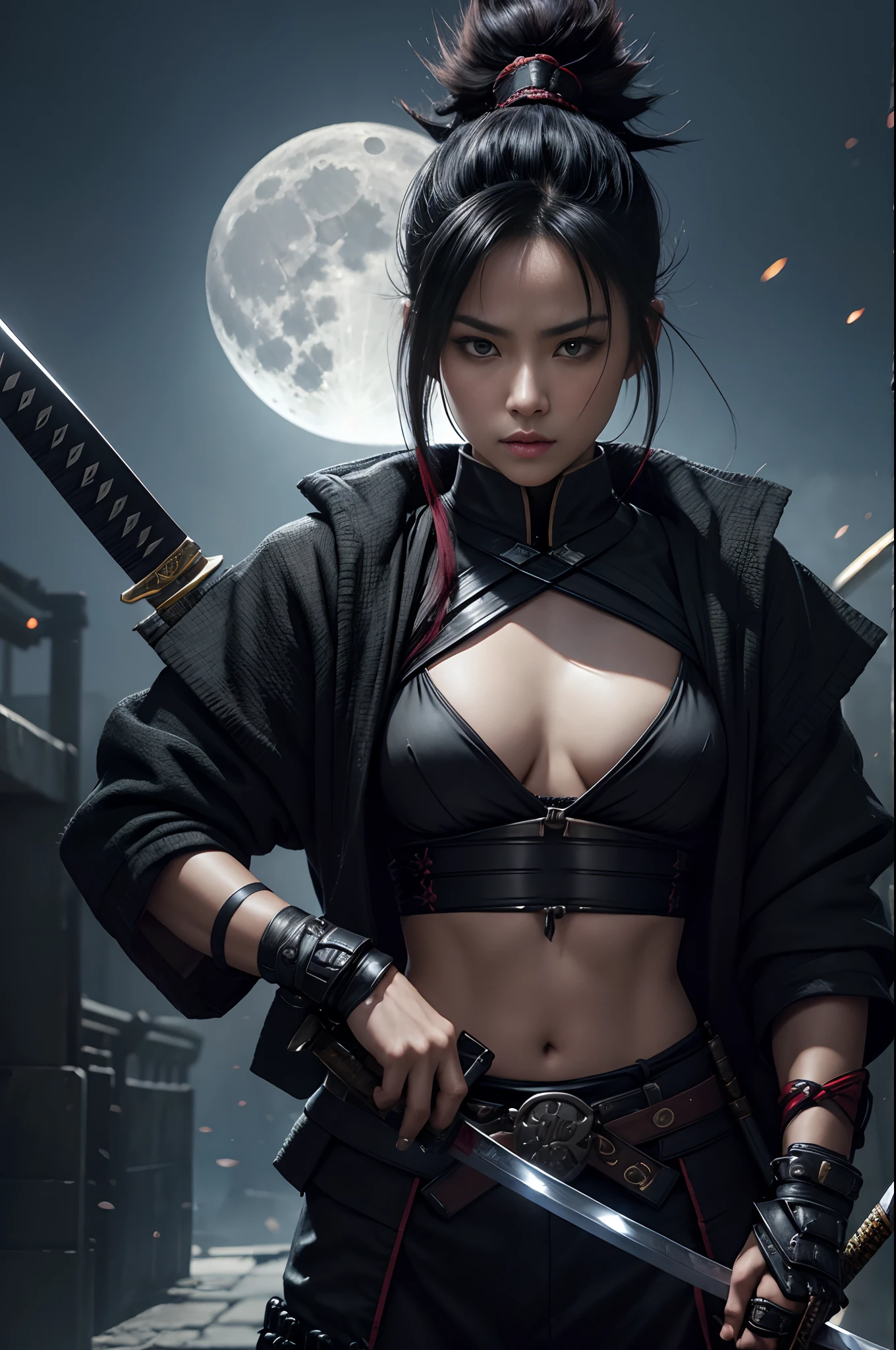 8K,Close-up portrait of a person holding a sword in front of the full moon、A very beautiful cyberpunk female ninja、Black-haired mohawk、holding a katana、holding a katana、Inspired by Yoshigai Kano、woman samurai、Knives、large sword、demon samurai、from arknights、Ghost Beast Waiter、She with a sword、kunoichi、Dramatic Katana Wielding Pose、(tiny chest:1.4)