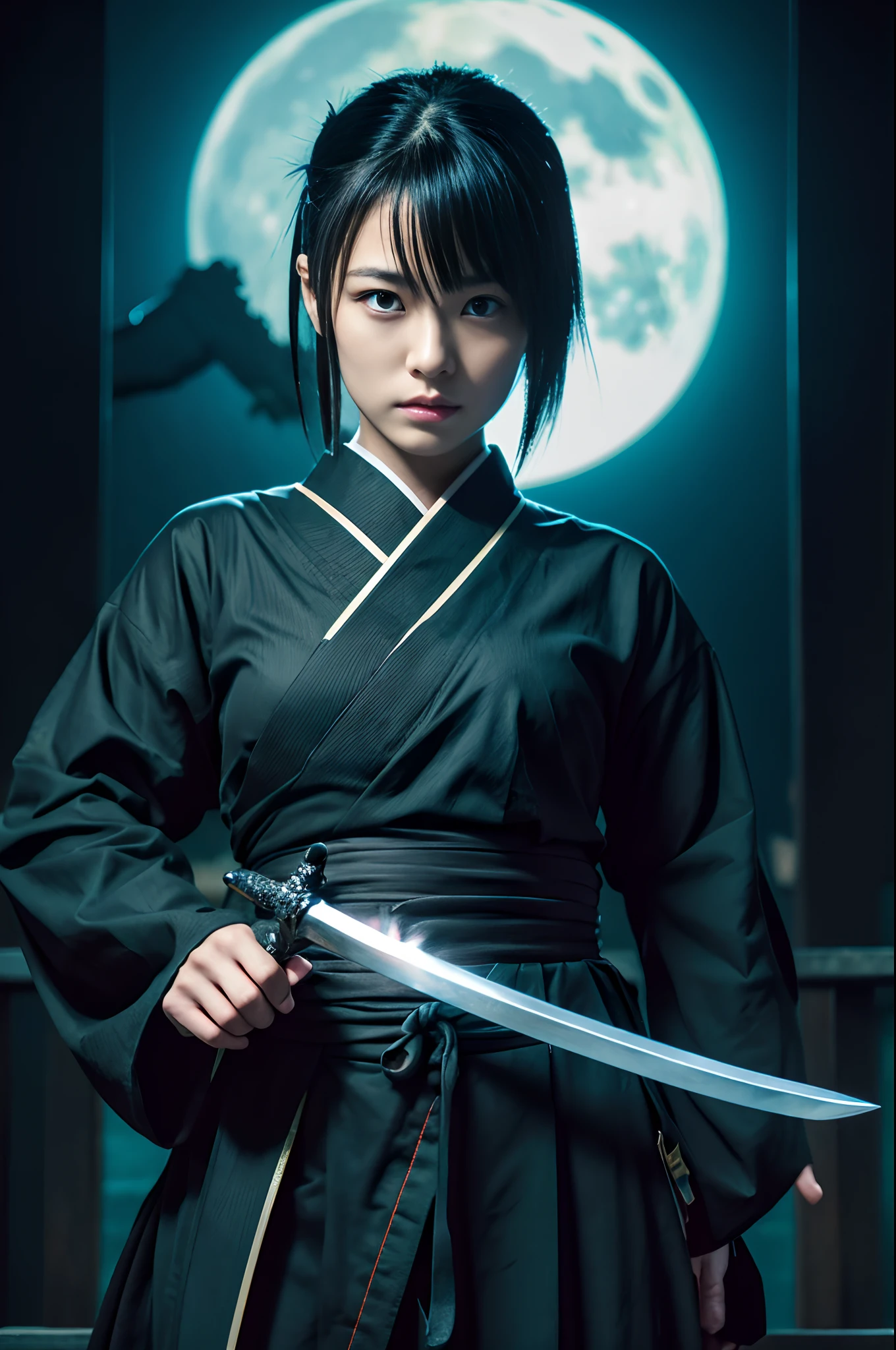 8K,Close-up portrait of a person holding a sword in front of the full moon、A very beautiful cyberpunk female ninja、Black-haired mohawk、holding a katana、holding a katana、Inspired by Yoshigai Kano、woman samurai、Knives、large sword、demon samurai、from arknights、Ghost Beast Waiter、She with a sword、kunoichi、Dramatic Katana Wielding Pose、(tiny chest:1.4)