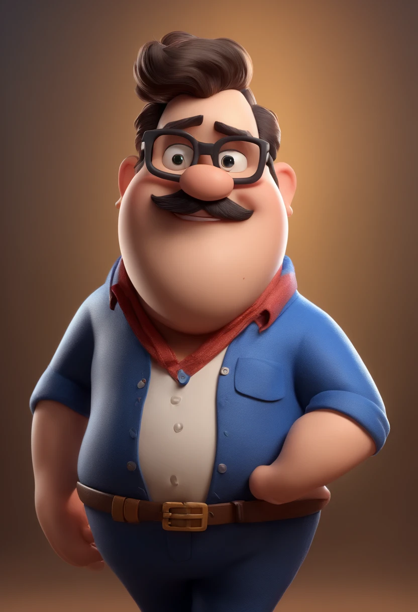 Cartoon character of a fat man with black glasses, pequeno bigode e uma camisa azul, animation character, Caractere estilizado, animation style rendering, 3D estilizado, Arnold Maya render, 3 d render stylized, toon render keyshot, Personagem 3D, Personagem 3D, 3d rendering stylized, 3 d character render, personagem de desenho animado, Personagem de close up, Pose de personagem,  (Estilo Pixar) (master part:1.2) (Bokeh) (best quality) (pele detalhada) (textura detalhada) (8k) (argila) (Cinematic lighting) (foco nítido