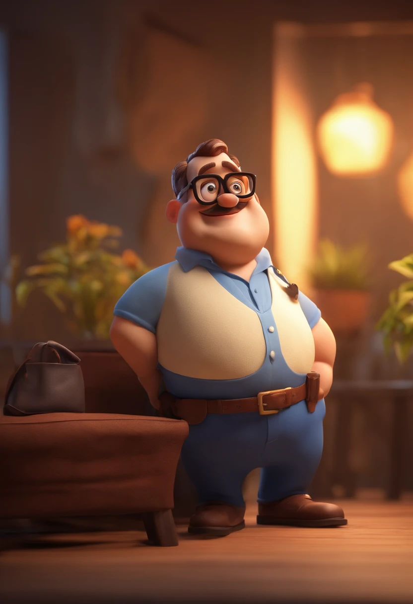 Cartoon character of a fat man with black glasses, pequeno bigode e uma camisa azul, animation character, Caractere estilizado, animation style rendering, 3D estilizado, Arnold Maya render, 3 d render stylized, toon render keyshot, Personagem 3D, Personagem 3D, 3d rendering stylized, 3 d character render, personagem de desenho animado, Personagem de close up, Pose de personagem, (Estilo Pixar) (master part:1.2) (Bokeh) (best quality) (pele detalhada) (textura detalhada) (8k) (argila) (Cinematic lighting) (foco nítido