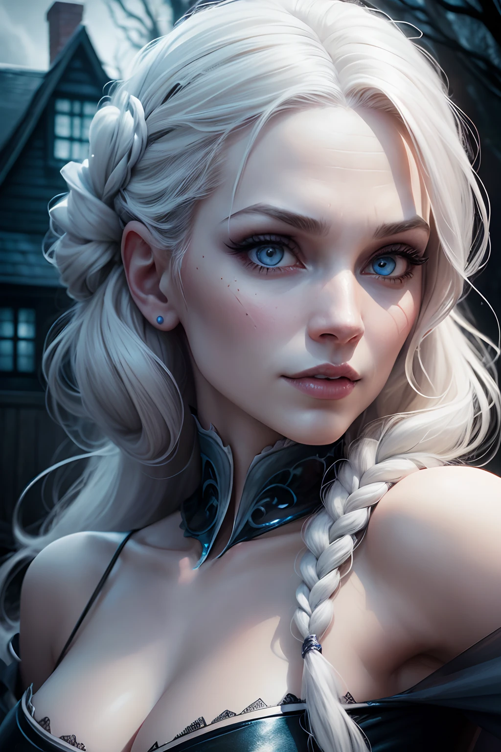 realistic elsa, with spooky Helloween costume, near creepy house, 8k resolution, (best quality: 1.1), (anatomically correct: 1.1), (perfect hand: 1.1 ), ( (Facial Detail: 1.3)), (Skin Detail), (Perfect Eyes), (Perfect Nose), (perfect hand fingers)