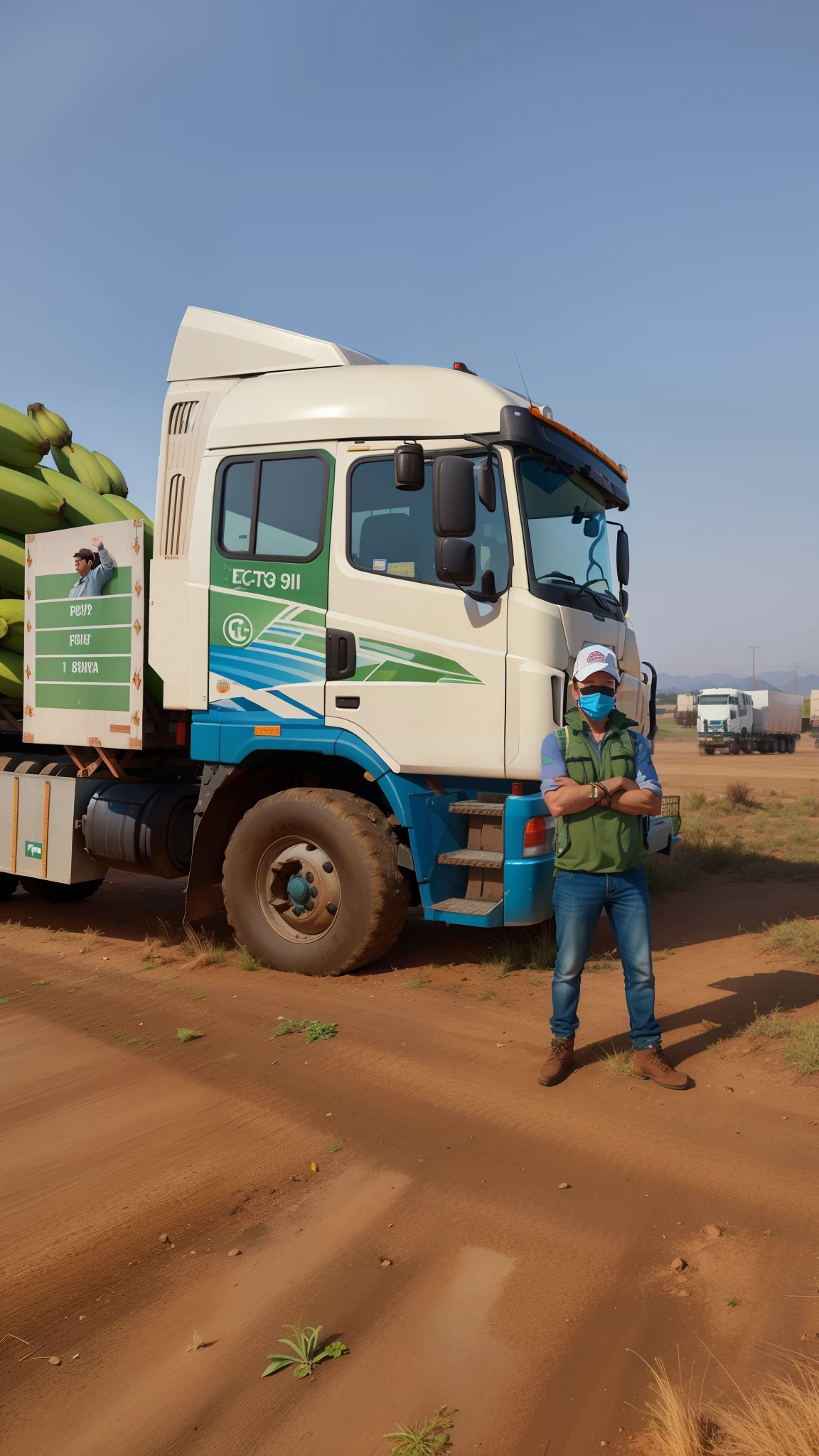There's a man standing next to a truck with a banana in the back, green gas spreading across land, foto foto completa, 2 0 2 2 foto, Foto de perfil, Retrato de um grande, fundo transparente, In the background, foto de retrato, em segundo plano, agricultor, album photo, foto do cartaz, com a terra ao fundo, a person standing in front of a