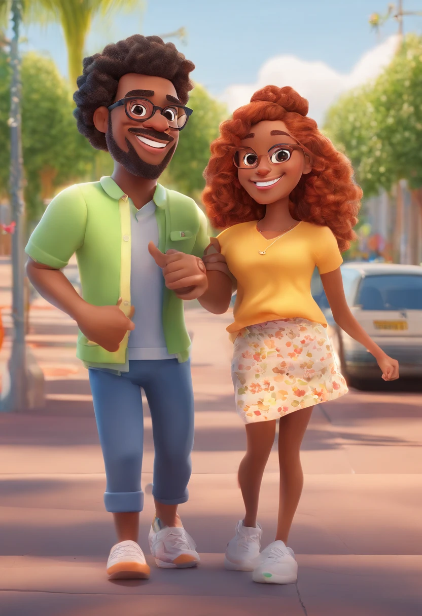 An illustration of an adorable couple, Spotlight on a mulatto man with transparent glasses, Smiling and a black woman with beautiful expressive eyes - the man's skin is mulatto and the man's hair is short and curly, e tem barba e pigode curtos, The woman's skin is black and the woman's hair is long, cacheado e com as pontas douradas . They are a bright room, cada um com um sorriso no rosto, e compartilhar um momento especial caracterizado pelo amor, Insights. Illustrate this scene from a perspective where they are facing the camera, Smiling and Showing Your Connection. Desenvolva esta arte em Full HD, Focus on your cinematic touch, Estilo Disney Pixar Animations
