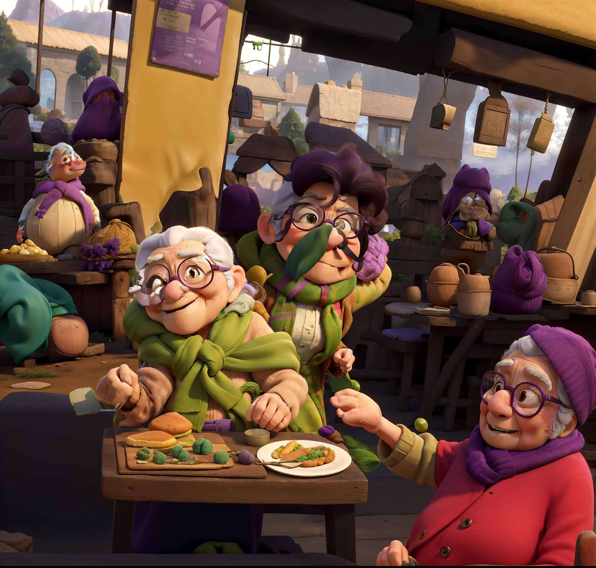 masterpiece, best quality, an old woman with glasses and a scarf on, wearing a purple coat and green scarf, standing at the park