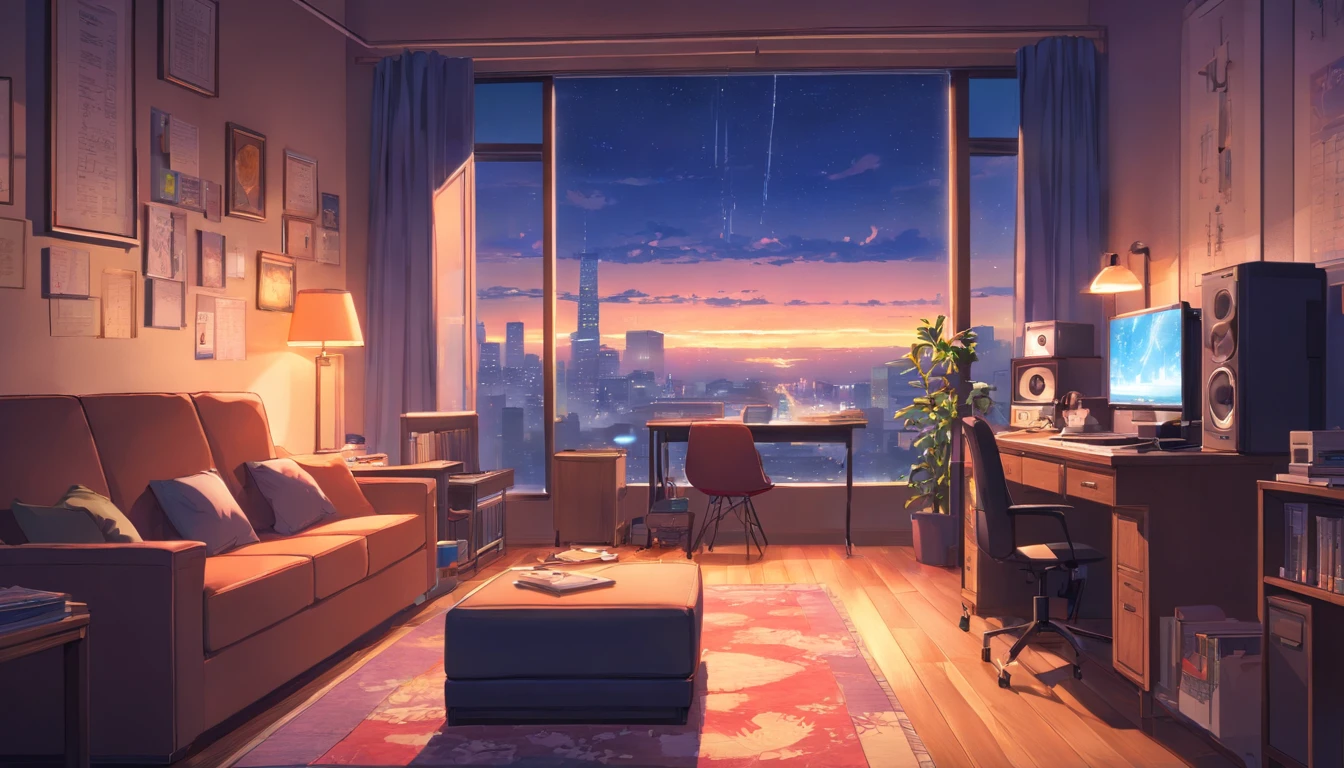 Music study room,dim room, Noche, ordenador, teclado, auricular, Monitorizar el altavoz, Small Lights, fondo, sofa, lluvia, cielo nocturno, Ciudad Nocturna, absurdos, A high resolution, ultrasharp, 8k, Obra maestra