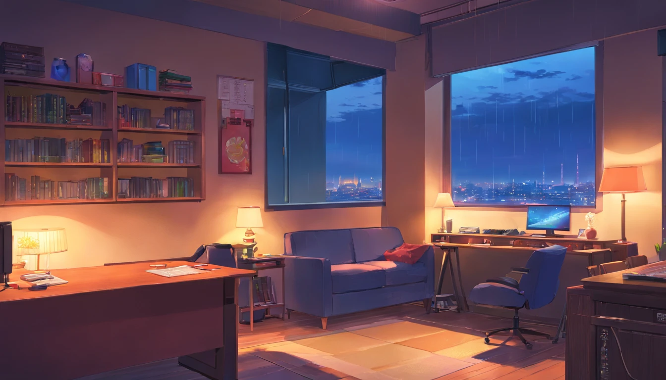 Music study room,dim room, Noche, ordenador, teclado, auricular, Monitorizar el altavoz, Small Lights, fondo, sofa, lluvia, cielo nocturno, Ciudad Nocturna, absurdos, A high resolution, ultrasharp, 8k, Obra maestra