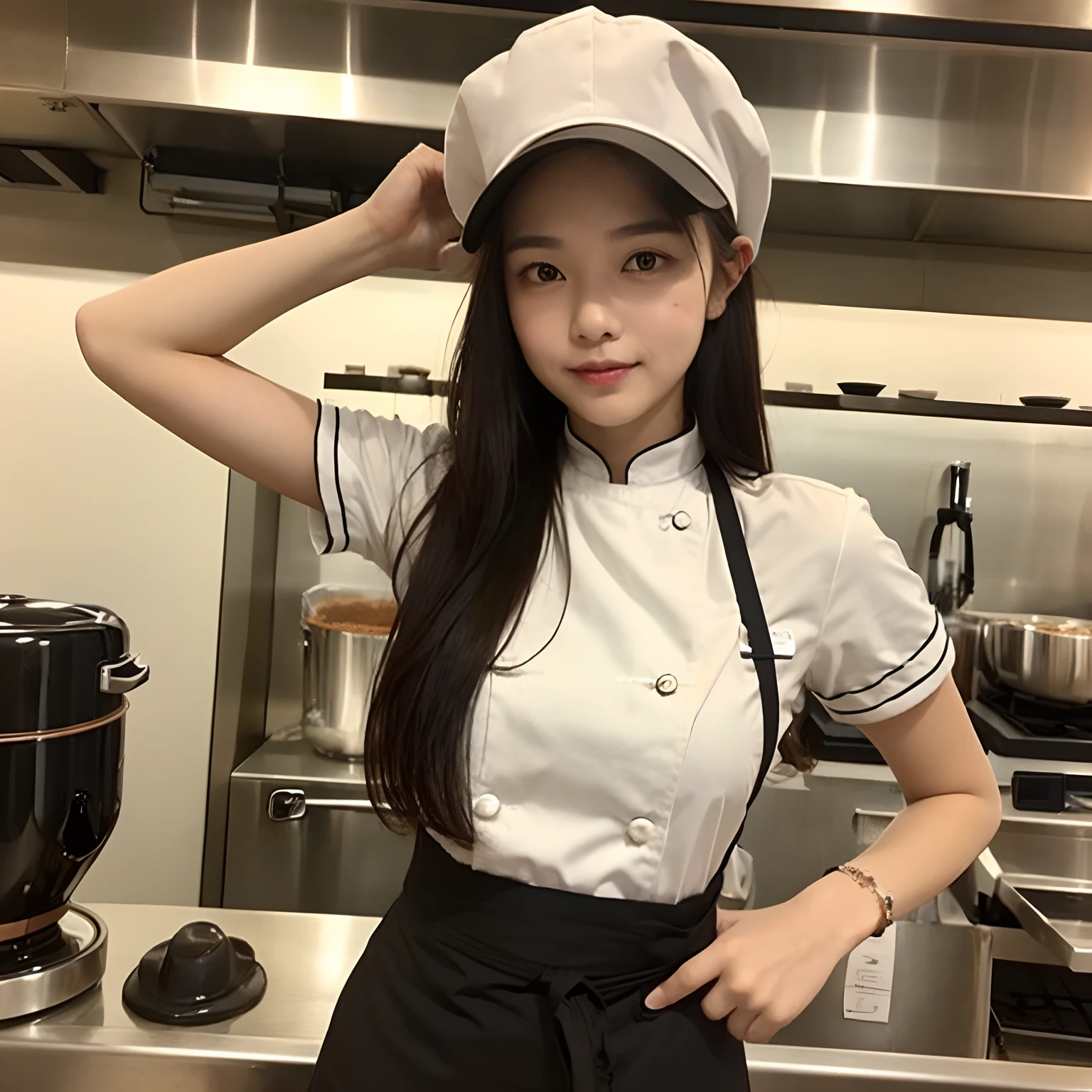 1 lady ,20 years old , lecturer, Malaysian , work at Barista, chef wear ,((( wear chef hat))), works in a coffee shop , specializes in making coffee