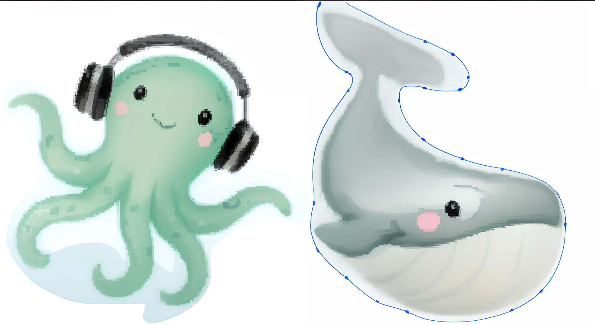 There are two pictures of a whale and a whale with headphones on, subreddit / r / baleia, com uma tatuagem de lula, tentacle motifs, removed watermarks, motivos de lulas, Squid-like aliens, slime and tentacles, desenhado com photoshop, tentacles surrounding, lulas, Baleias, with a squid tattoo on his arms, Teths and tentacles