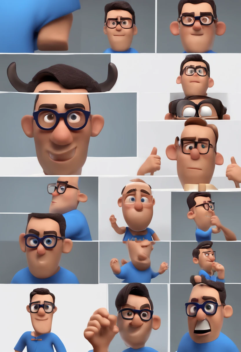 Cartoon character of a man with black glasses and a blue shirt, animation character, Caractere estilizado, animation style rendering, 3D estilizado, Arnold Maya render, 3 d render stylized, toon render keyshot, Personagem 3D, Personagem 3D, 3d rendering stylized, 3 d character render, personagem de desenho animado, Personagem de close up, Pose de personagem, (Estilo Pixar) (master part:1.2) (Bokeh) (best quality) (pele detalhada) (textura detalhada) (8k) (argila) (Cinematic lighting) (foco nítido