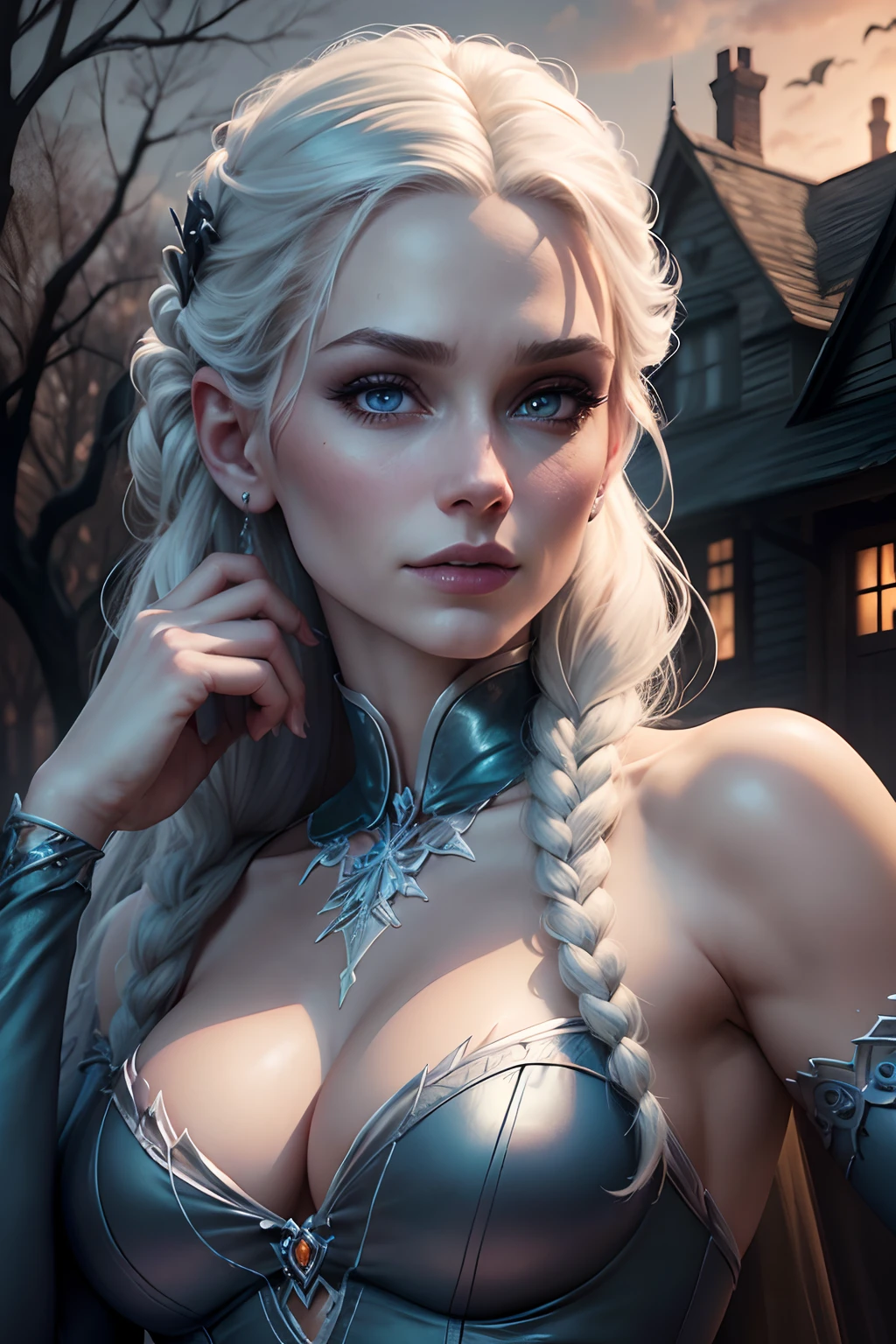 realistic elsa, with spooky Helloween costume, near creepy house, 8k resolution, (best quality: 1.1), (anatomically correct: 1.1), (perfect hand: 1.1 ), ( (Facial Detail: 1.3)), (Skin Detail), (Perfect Eyes), (Perfect Nose), (perfect hand fingers)