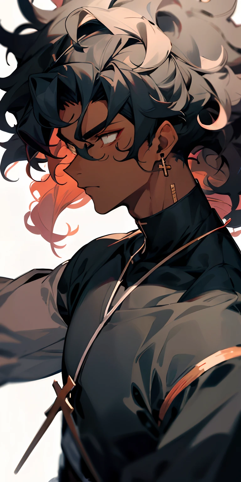 Black man, dark skin, anime, curly fade hair, cross earrings,
