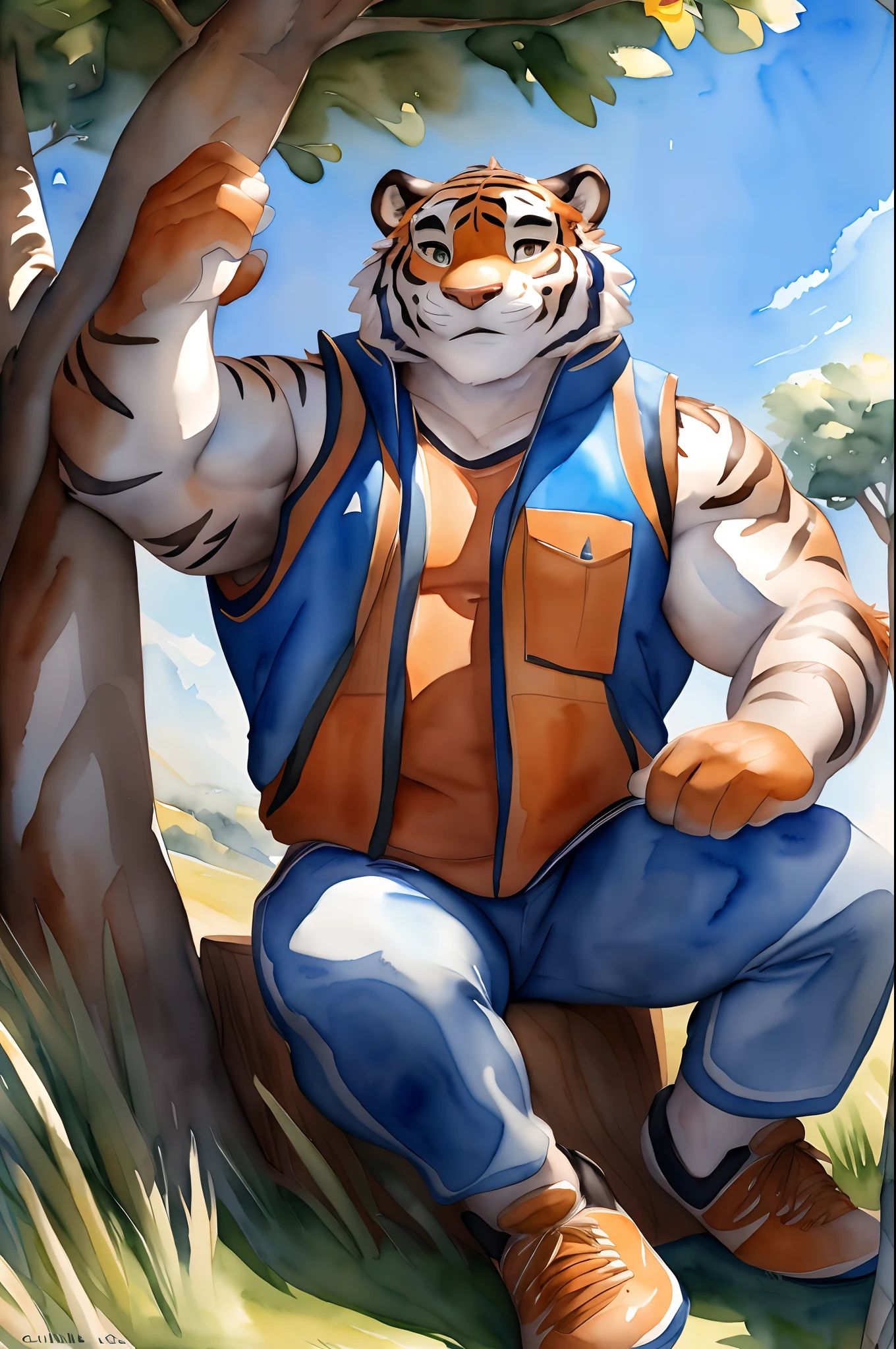Hominidae, Pose for Camera. 4K, high resolution, Best quality, posted on e621, (Solo:1.2), Anthropomorphic white tiger, male people, 16 yaers old, Thick eyebrows, Light blue stripes, Strong body, large pecs, ((Orange sports vest)), Leaning under a big tree, looking at book, fresh flowers, grassy fields, Dappled light and shadow, (sport, Muscular, Heavyweight:1.2), ((Sit in the shade)), Solo, Correct anatomy, (White background, Watercolor background:1.1), (by Chunie, author:Taran Fidler:0.8), (Detailed eyes:1.2), Sexy, (cel-shaded:1.2), cartoon shading, (aquarelle:1.2), Smile, Be red in the face, (view the viewer:1.2), Bright eyes, Front view