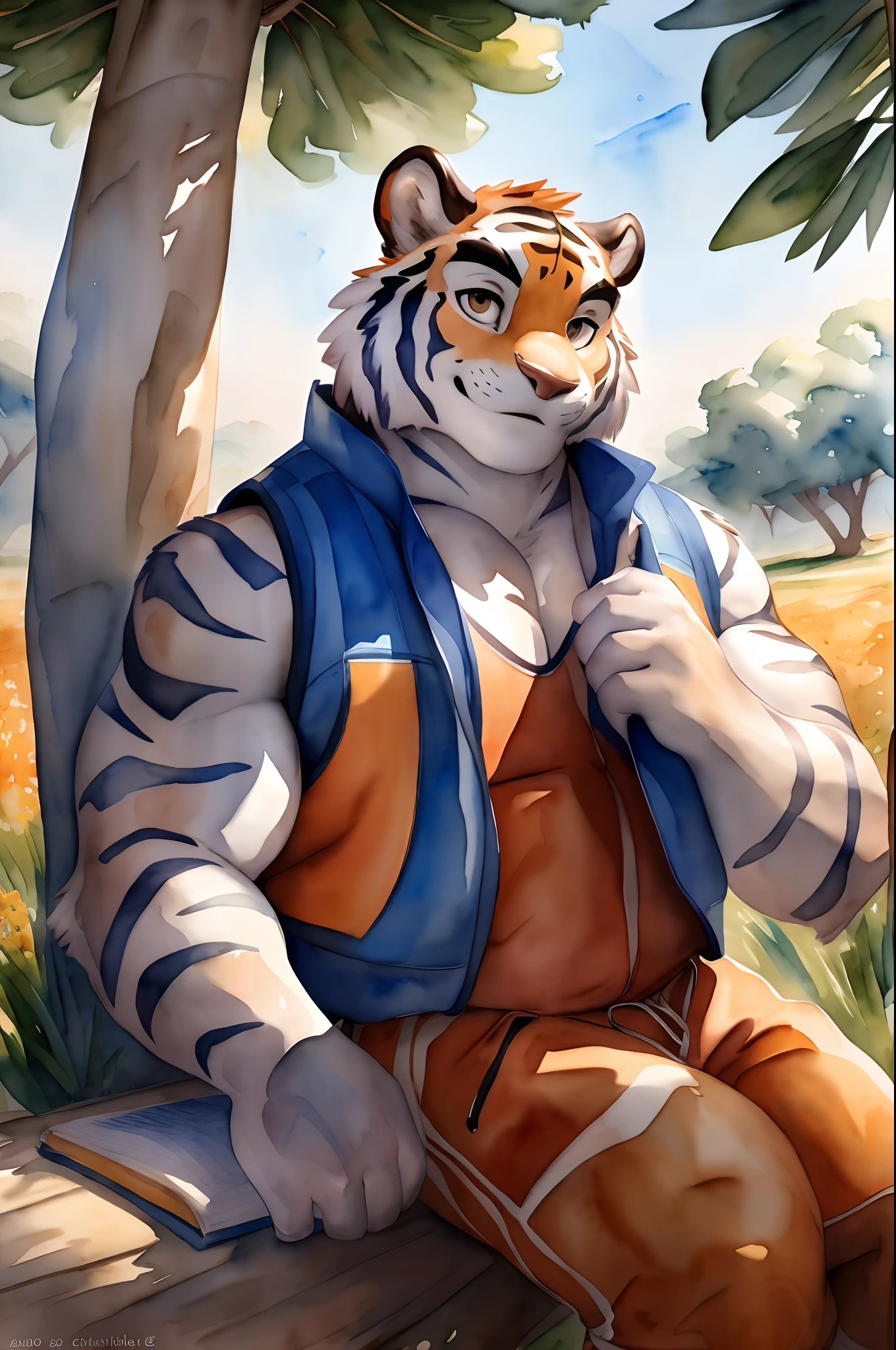 Hominidae, Pose for Camera. 4K, high resolution, Best quality, posted on e621, (Solo:1.2), Anthropomorphic white tiger, male people, old, Thick eyebrows, Light blue stripes, Strong body, large pecs, ((Orange sports vest)), Leaning under a big tree, looking at book, fresh flowers, grassy fields, Dappled light and shadow, (sport, Muscular, Heavyweight:1.2), ((Sit in the shade)), Solo, Correct anatomy, (White background, Watercolor background:1.1), (by Chunie, author:Taran Fidler:0.8), (Detailed eyes:1.2), Sexy, (cel-shaded:1.2), cartoon shading, (aquarelle:1.2), Smile, Be red in the face, (view the viewer:1.2), Bright eyes, Front view