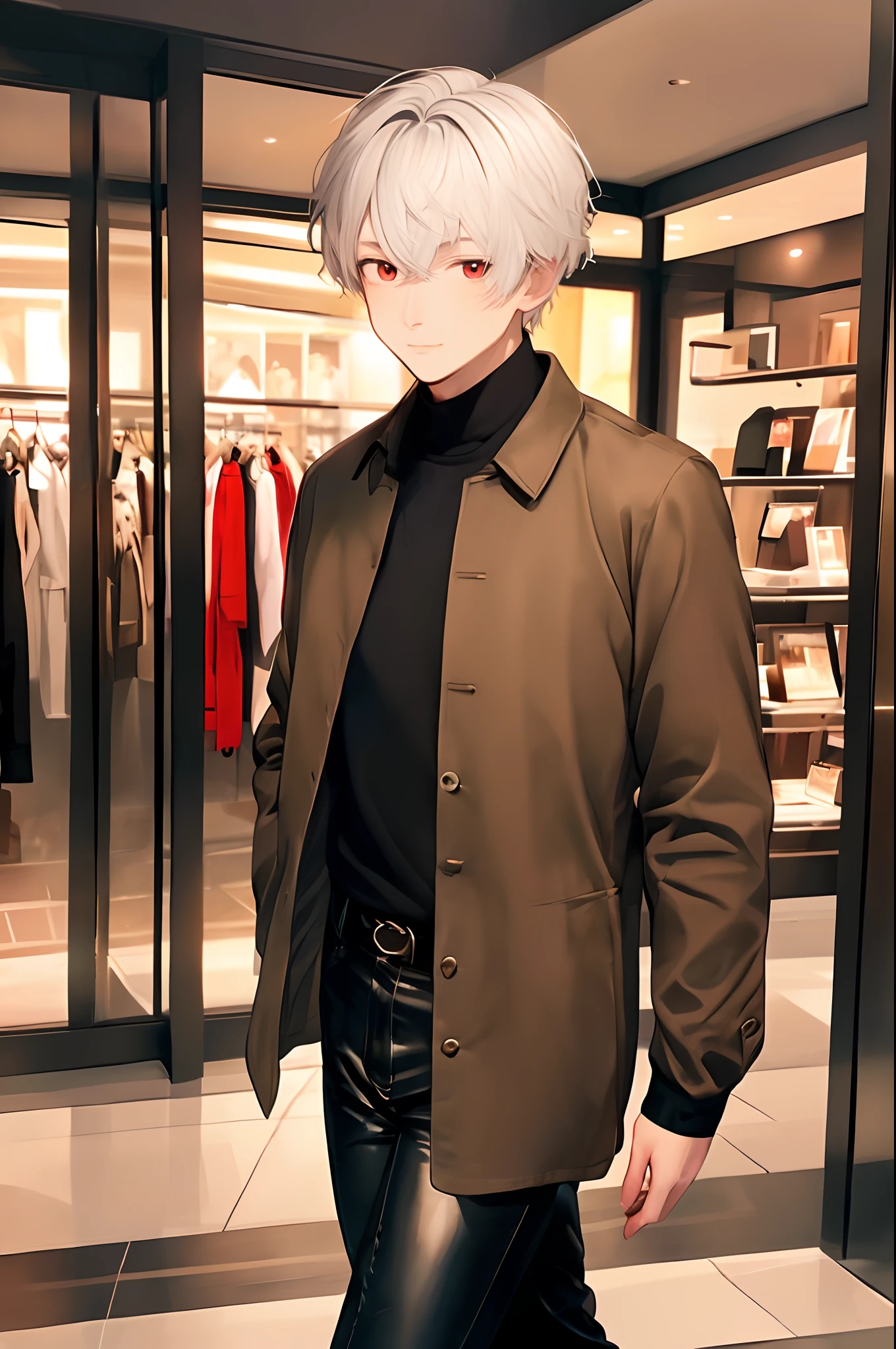 (4K works))、​masterpiece、(top-quality)、((In front of the department store))、Korean Male、Adult male、((Adult 50 years old))、((Adult uncle type))、((Leather Jeans Style))、((Face similar to Hyunjin))、Cool Men、tall、((Gentle face))、((Cool werewolf fashion in black))、((Long sleeve long trouser style))、((Smaller face))、Slim body、((Uncle))、((white  hair))、((white short-haired))、((Red Eyes))、((shot from front))、((Shot alone))、((Solo Photography))、Professional Photos、((Reach out to your audience))、((He walks in front of the viewer))、((dad bod))、