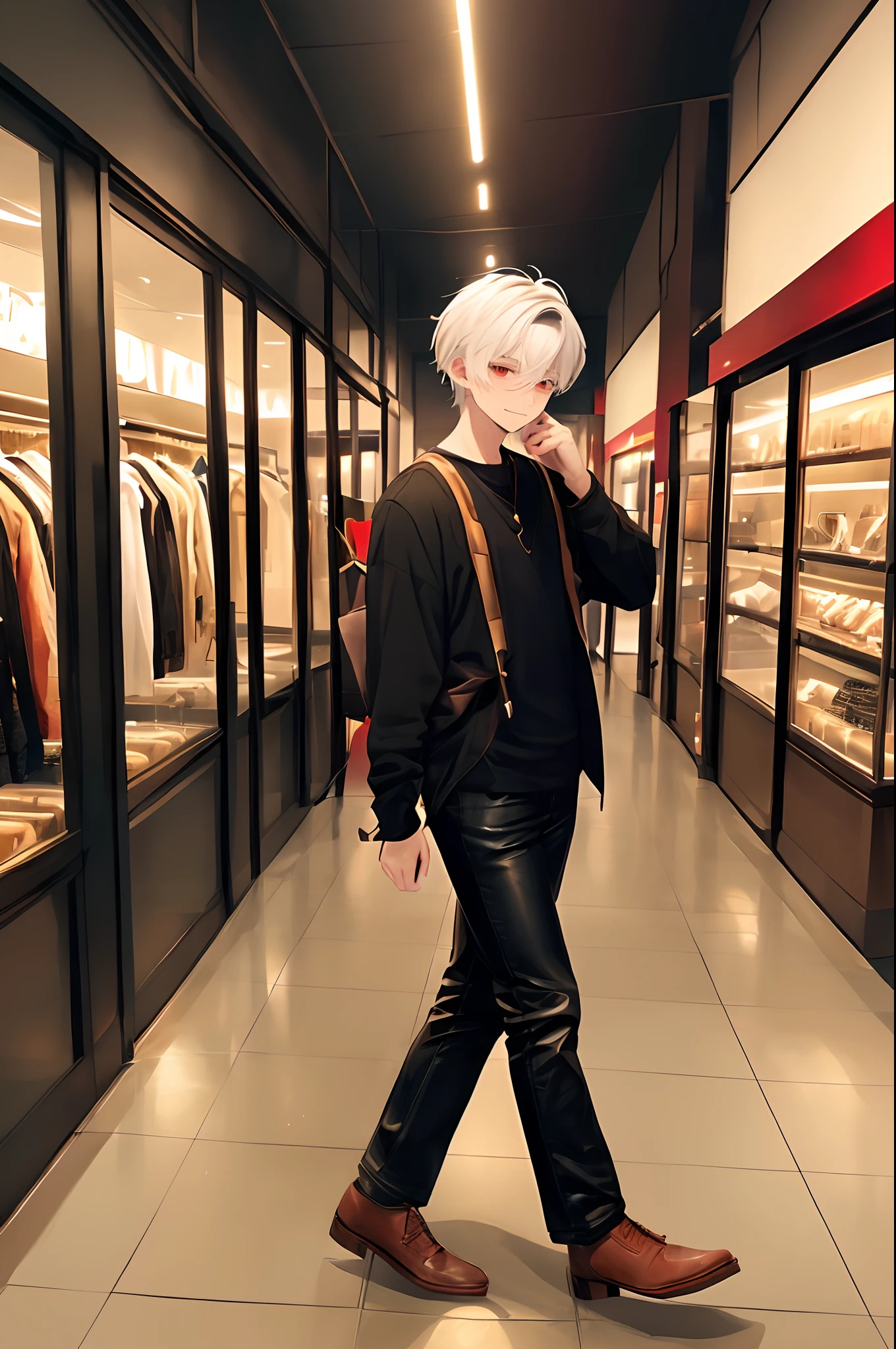 (4K works))、masterpiece、(top-quality)、((In front of the department store))、Korean Male、Adult male、((Adult 50 years old))、((Adult uncle type))、((Leather Jeans Style))、((Face similar to Hyunjin))、Cool Men、tall、((Gentle face))、((Cool werewolf fashion in black))、((Long sleeve long trouser style))、((Smaller face))、Slim body、((Uncle))、((white hair))、((white short-haired))、((Red Eyes))、((shot from front))、((Shot alone))、((Solo Photography))、Professional Photos、((Reach out to your audience))、((He walks in front of the viewer))、((dad bod))、