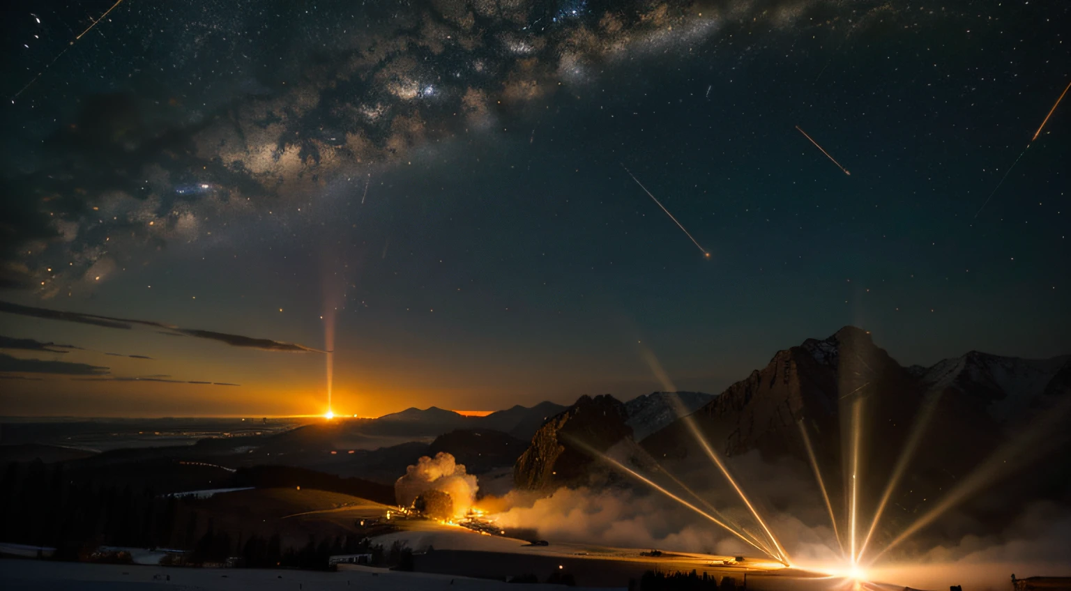 scenery with solar rays falling from the sky, meteors and lots of light with fire