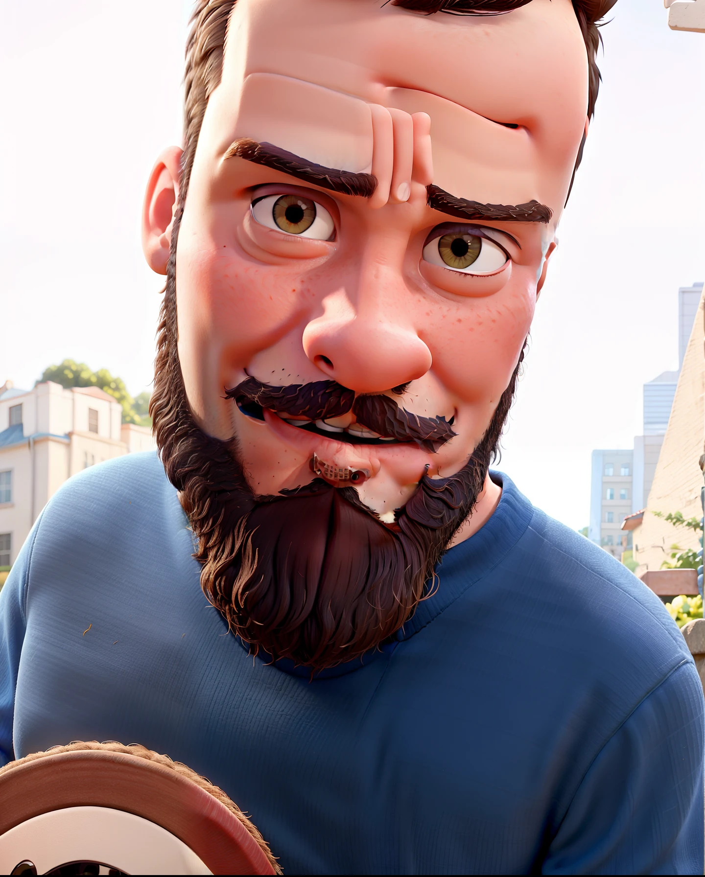 Pixar movie poster of a young man taking a picture in selfi style. O jovem tem bigode, barba estilo lenhador.