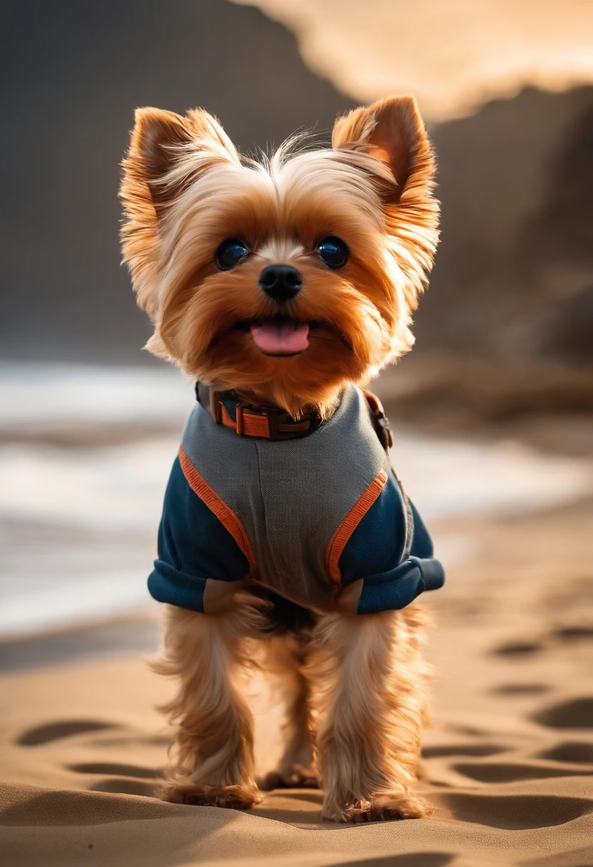 Pixar. cachorro yorkshire bege e cinza. Com cegueira nos olhos, sentado olhando para a praia.