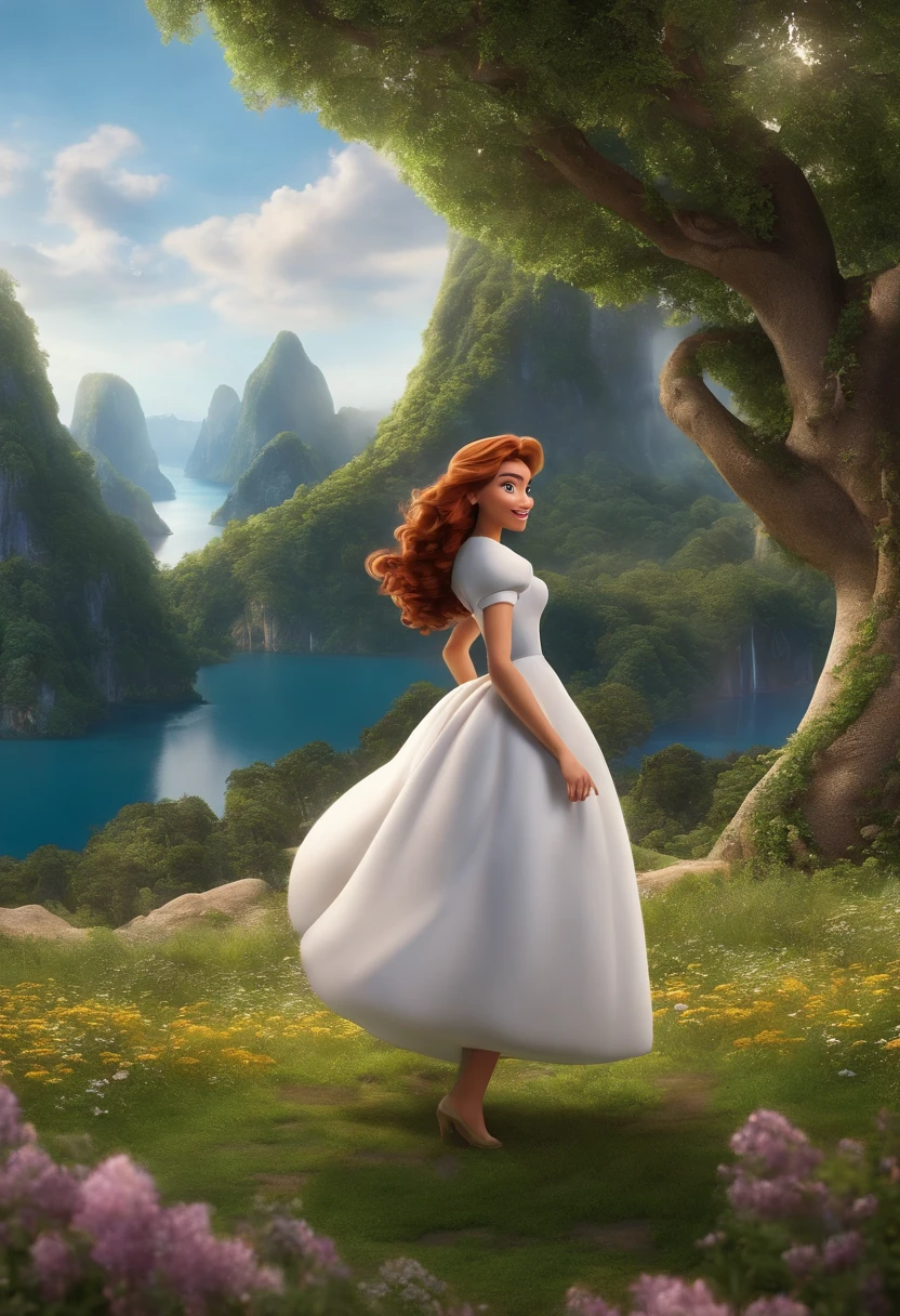 a Disney Pixar movie poster I'd like Disney Pixar style 3D animation in 4K, with the title Patricia Lopez in LIFE IS FULL
In the footer, write YOU WERE BORN TO BE A VIP
The scenery is a field, com rio ao fundo, with trees in the background, Lilac and white flowers in front . The main character is a wonderful woman in her 30s.
His skin is white, olhos verdes, cabelos castanhos com mechas loiras de tamanho abaixo do ombro e ondulado. 
The main character's outfit is an elegant cocktail dress, roxo claro brilhante.
I wish the character had her arms half-open pointing upwards.   3D-rendering