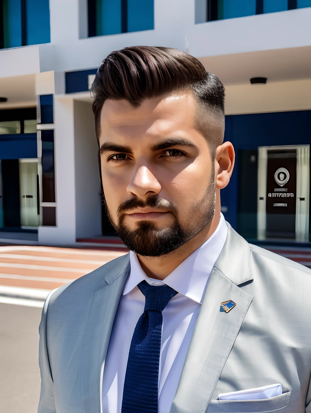 tmasterpiece, Foto de alta qualidade de um homem de terno e gravata, in front of the building, foto James Baines,alto detalhe facial, olhos detalhados, Um olhar aberto, Popular no Pexels, Uma nova objetividade, Foto de Stock, O Efeito Sabatier.