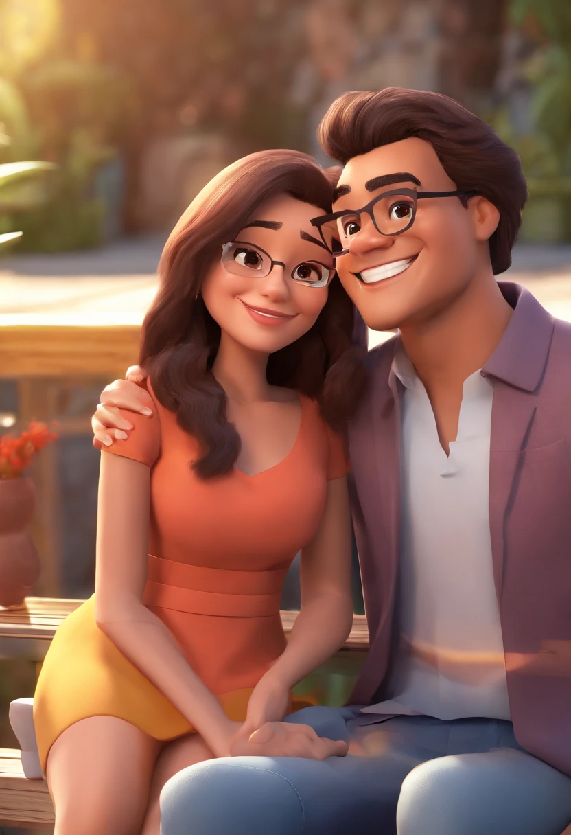 An illustration of an adorable couple, Highlight for a chubby mulatto man with glasses smiling and a brunette woman with beautiful expressive eyes - the man's skin is mulatto and the man's hair haswhile the woman's skin is black and the woman's hair is straight and brown. They are a bright room, cada um com um sorriso no rosto, e compartilhar um momento especial caracterizado pelo amor, Insights. Illustrate this scene from a perspective where they are facing the camera, Smiling and Showing Your Connection. Desenvolva esta arte em Full HD, Focus on your cinematic touch, Estilo Disney Pixar Animations