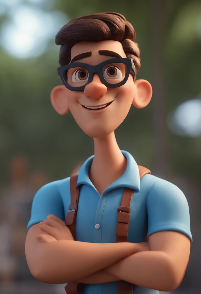 Cartoon character of a man with black glasses and a blue shirt, animation character, Caractere estilizado, animation style rendering, 3D estilizado, Arnold Maya render, 3 d render stylized, toon render keyshot, Personagem 3D, Personagem 3D, 3d rendering stylized, 3 d character render, personagem de desenho animado, Personagem de close up, Pose de personagem, (Estilo Pixar) (master part:1.2) (Bokeh) (best quality) (pele detalhada) (textura detalhada) (8k) (argila) (Cinematic lighting) (foco nítido