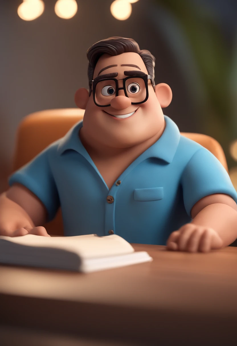 Cartoon character of a man with black glasses and a blue shirt, animation character, Caractere estilizado, animation style rendering, 3D estilizado, Arnold Maya render, 3 d render stylized, toon render keyshot, Personagem 3D, Personagem 3D, 3d rendering stylized, 3 d character render, personagem de desenho animado, Personagem de close up, Pose de personagem,  (Estilo Pixar) (master part:1.2) (Bokeh) (best quality) (pele detalhada) (textura detalhada) (8k) (argila) (Cinematic lighting) (foco nítido