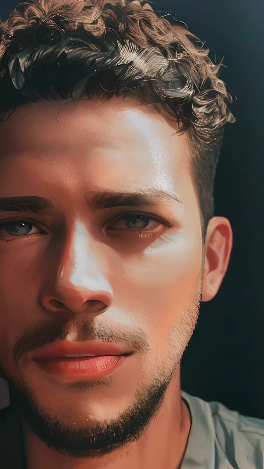 Sam o, 1 homem adulto, cabelo de cobre, olhos azuis, short hair, Olhando para o Viewer, sorridente, camisa azul, jaqueta marrom, fundo da janela da cobertura de nova york, segurando um pincel, dia, retrato, dia, profundidade de campo, sozinho, ((master part))