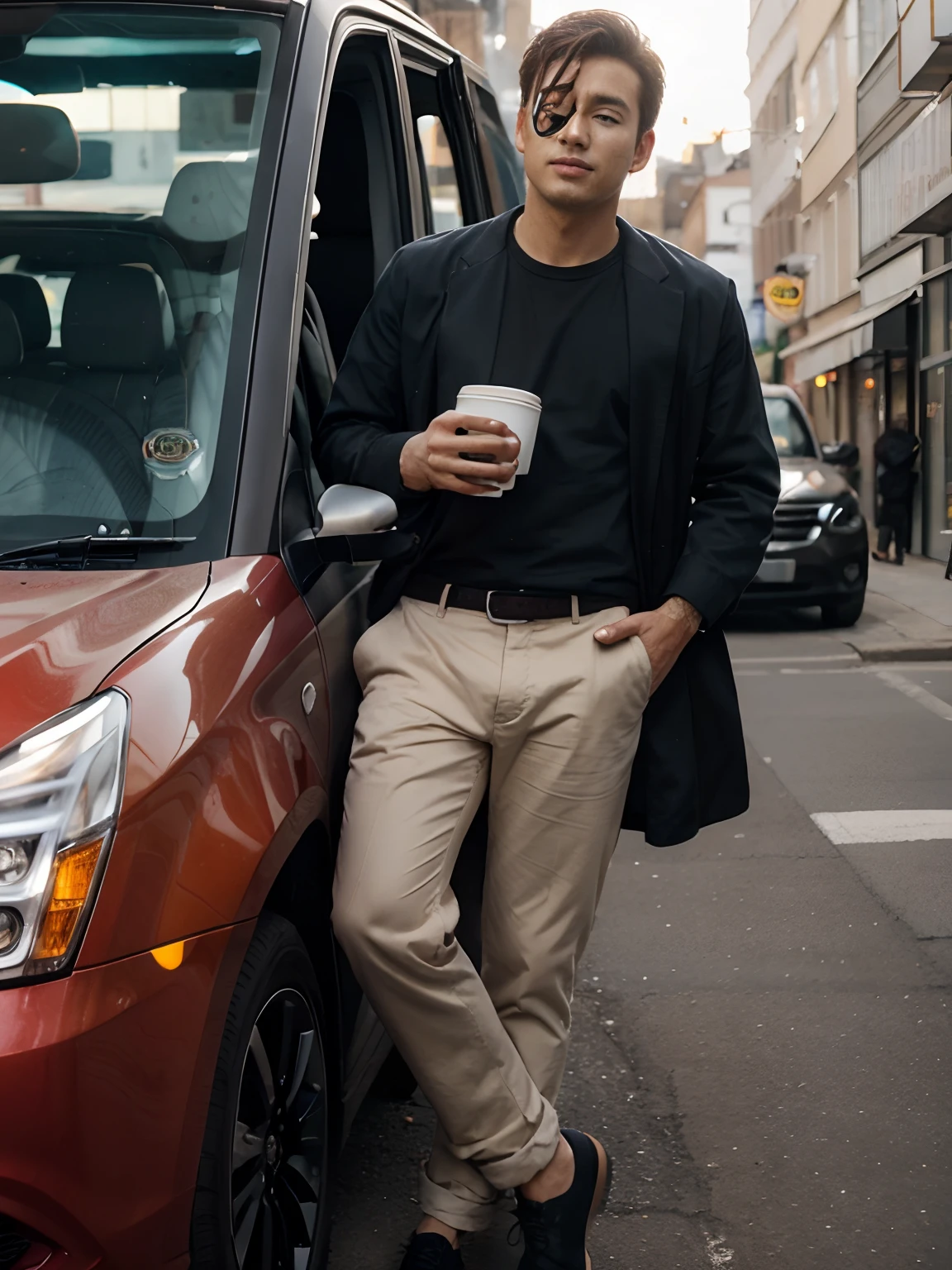 Change car colour, Hold cup of coffee. Handsome boy realistic face,