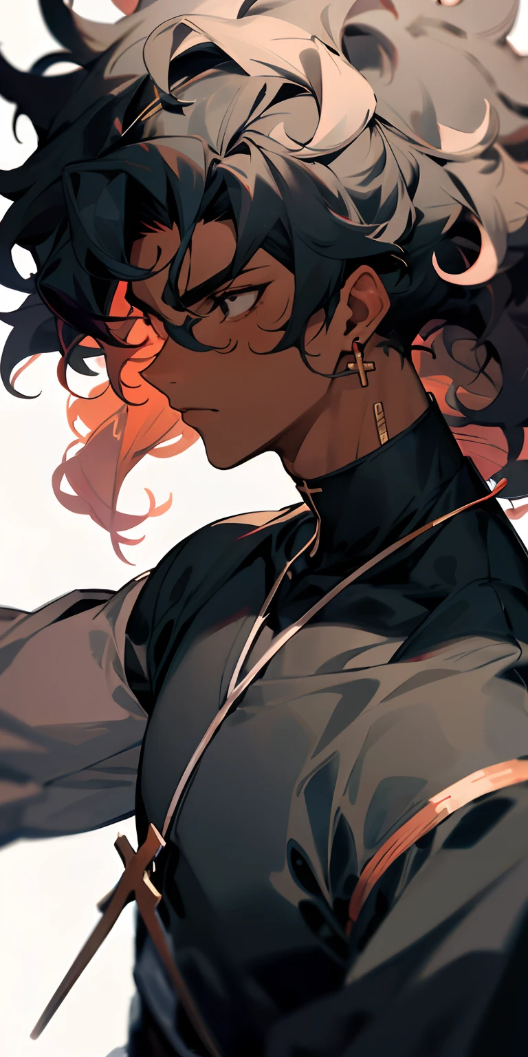 Black man, dark skin, anime, curly fade hair, cross earrings,