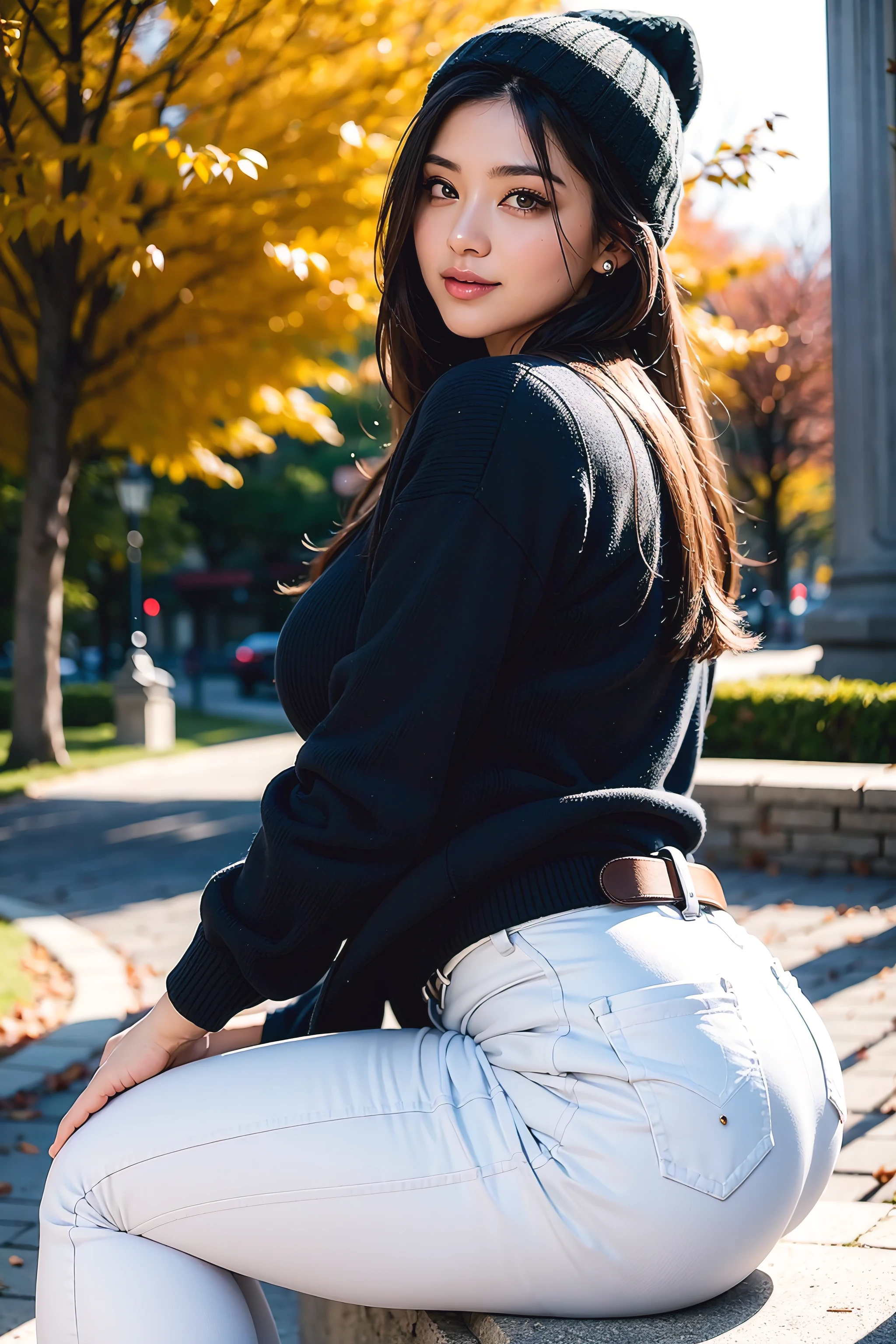 Beautiful sensual woman with a curvy body, black hair, bangs, twintail, widest waist, fitting breasts, curvy accentuated booty, sparkling olive-green eyes, long eyelashes, thick thighs, Strong calves, smirk, taniaayusiregar, She wears a black wool Coat, white jeans, brown belt, black beanie, she poses in a park, photorealistic, Masterpiece, bokeh, Volumetric lighting, Fall season atmosphere