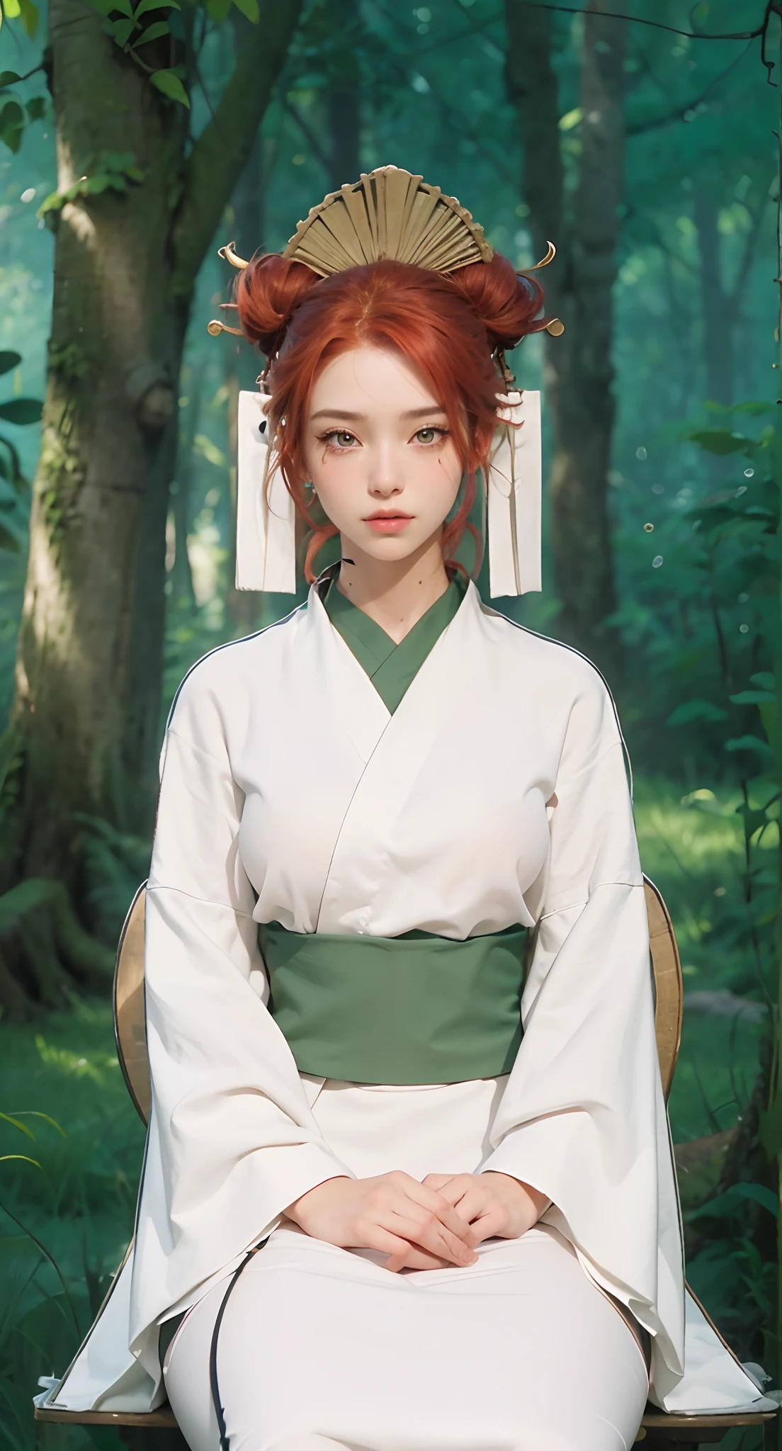 Real life adaption of this character, beauty face,looking to viewer,realistic same red hair ,realistic jungle with many grass background, hyper realistic, realistic light, realistic shadow, realism,(photorealistic:1.2), (realistic same outfit ),big breast, realistic same accecories in the head ,There were paper accessories hanging from her hair,sitting on the ground