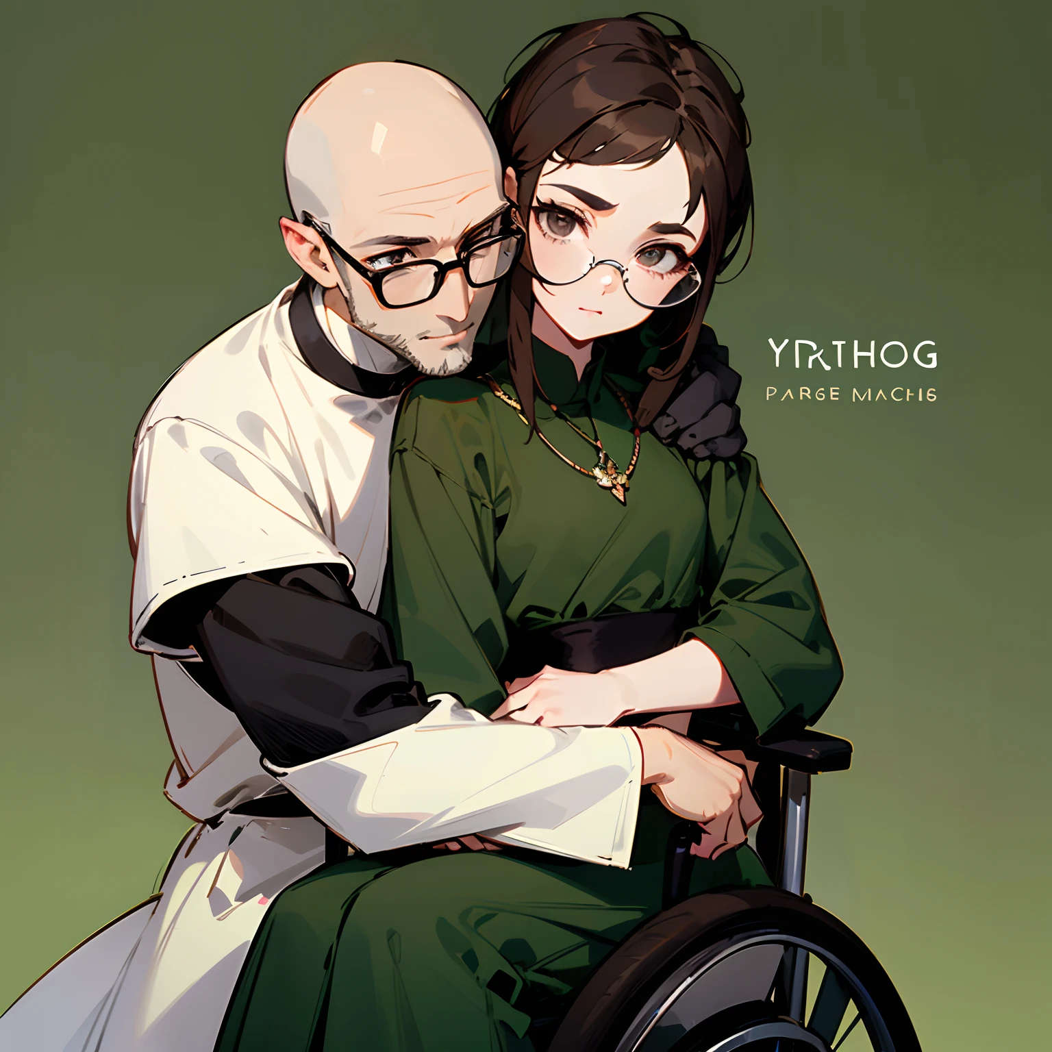 make a post with a title in Disney Pixar style, young bald white man, with no hair on his head, wearing black glasses with dark brown eyes and a small brown beard, hugging his girlfriend, a white girl with short dark brown pixie style hair, wearing glasses black and with dark brown eyes, using a wheelchair and wearing a green dress