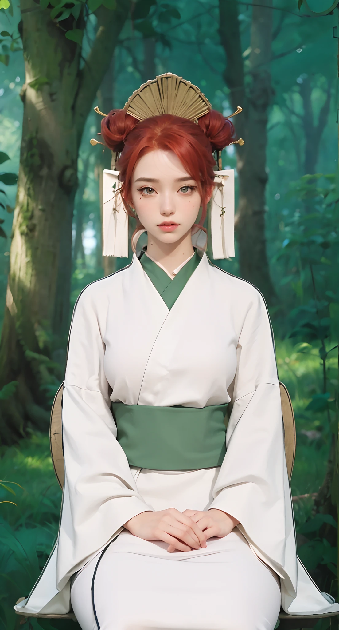 Real life adaption of this character, beauty face,looking to viewer,realistic same red hair ,realistic jungle with many grass background, hyper realistic, realistic light, realistic shadow, realism,(photorealistic:1.2), (realistic same outfit ),big breast, realistic same accecories in the head ,There were paper accessories hanging from her hair,sitting on the ground