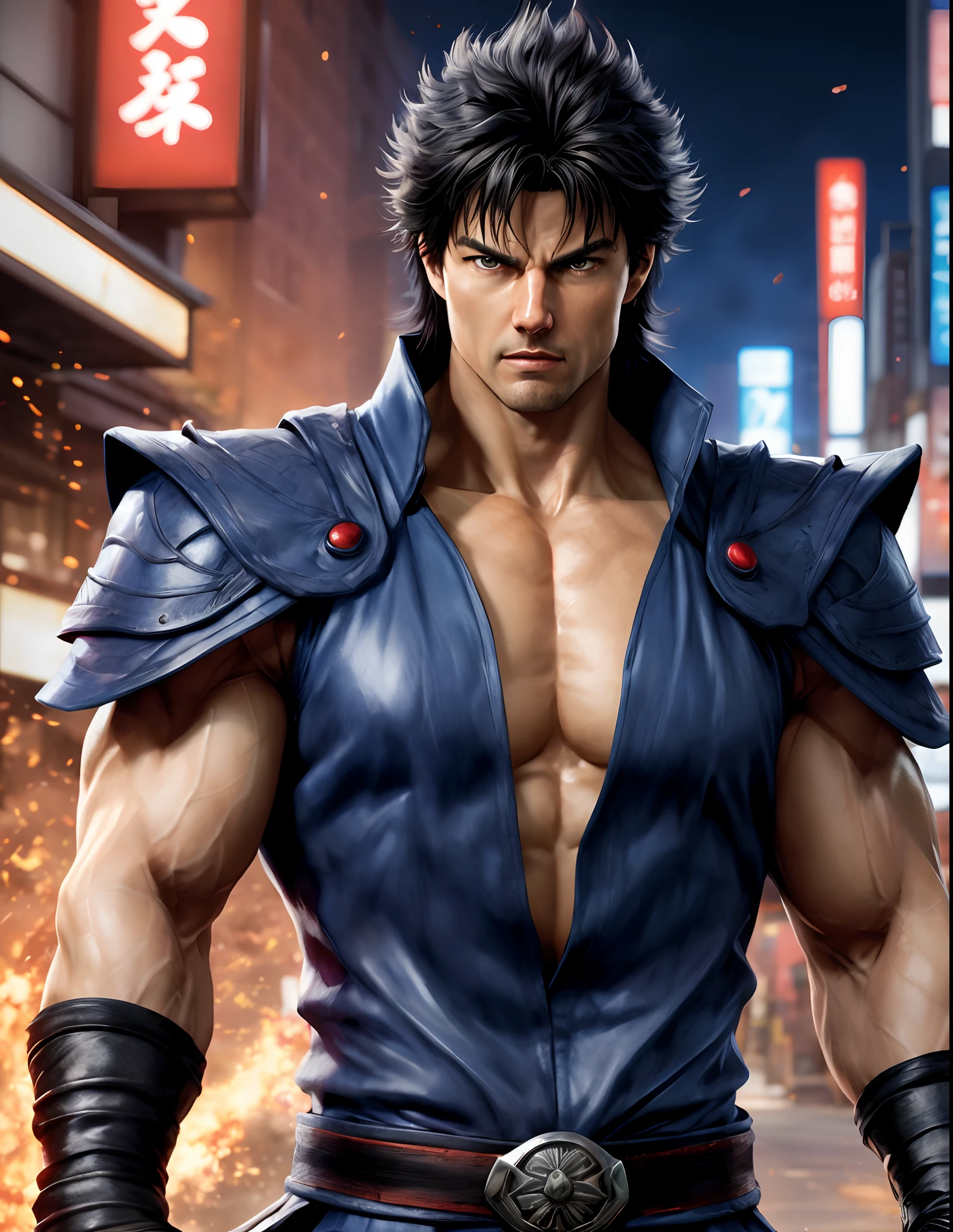 imagem arafed de um homem com uma espada em uma cidade, Tom Cruise como Kenshiro, Punho da Estrela do Norte, como personagem em tekken, badass anime 8 k, personagem de jogo de luta, arte do personagem o contra, fan art, inspirado em Masamune Shirow, Kentaro Miura Arte, Shinkiro, Shinkiro Toshiaki Mori, kenshiro