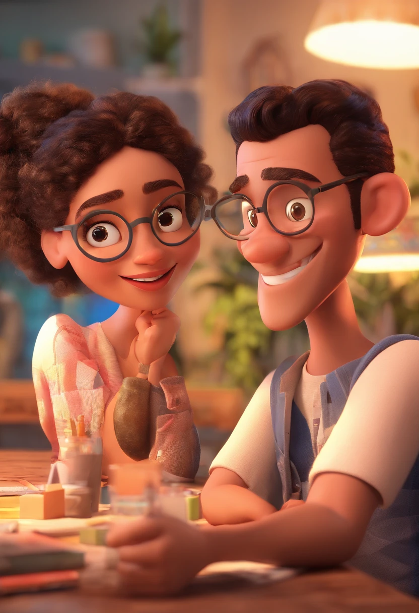 An illustration of an adorable couple, um homem mulato, wearing glasses and a brunette woman with beautiful expressive eyes - the man's skin is mulatto and the man's hair has, while the woman's skin is black and the woman's hair is straight and brown. They are a bright room, cada um com um sorriso no rosto, e compartilhar um momento especial caracterizado pelo amor, Insights. Illustrate this scene from a perspective where they are facing the camera, Smiling and Showing Your Connection. Desenvolva esta arte em Full HD, Focus on your cinematic touch, Estilo Disney Pixar Animations