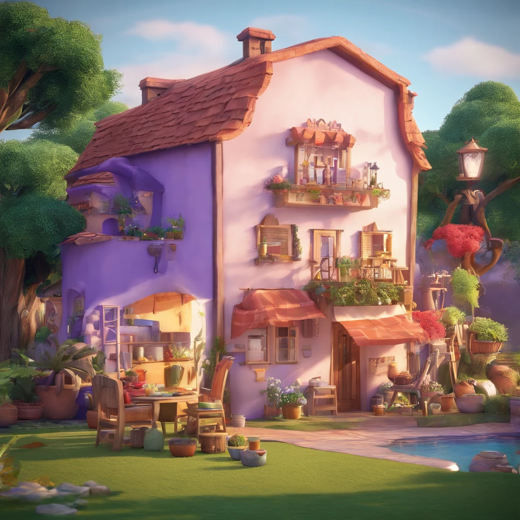 criar uma imagem em 3D inspirado na Disney Pixar, The scene should be in Pixar's signature digital art style, com uma imagem caricatural, that has a white kitchen with purple utensils, uma cozinheira preparando um sorvete roxo em um copo transparente.