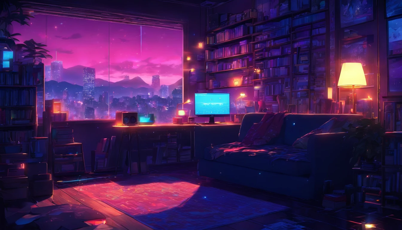 Music study room,dim room, Noche, ordenador, teclado, auricular, Monitorizar el altavoz, Small Lights, fondo, sofa, lluvia, cielo nocturno, Ciudad Nocturna, absurdos, A high resolution, ultrasharp, 8k, Obra maestra