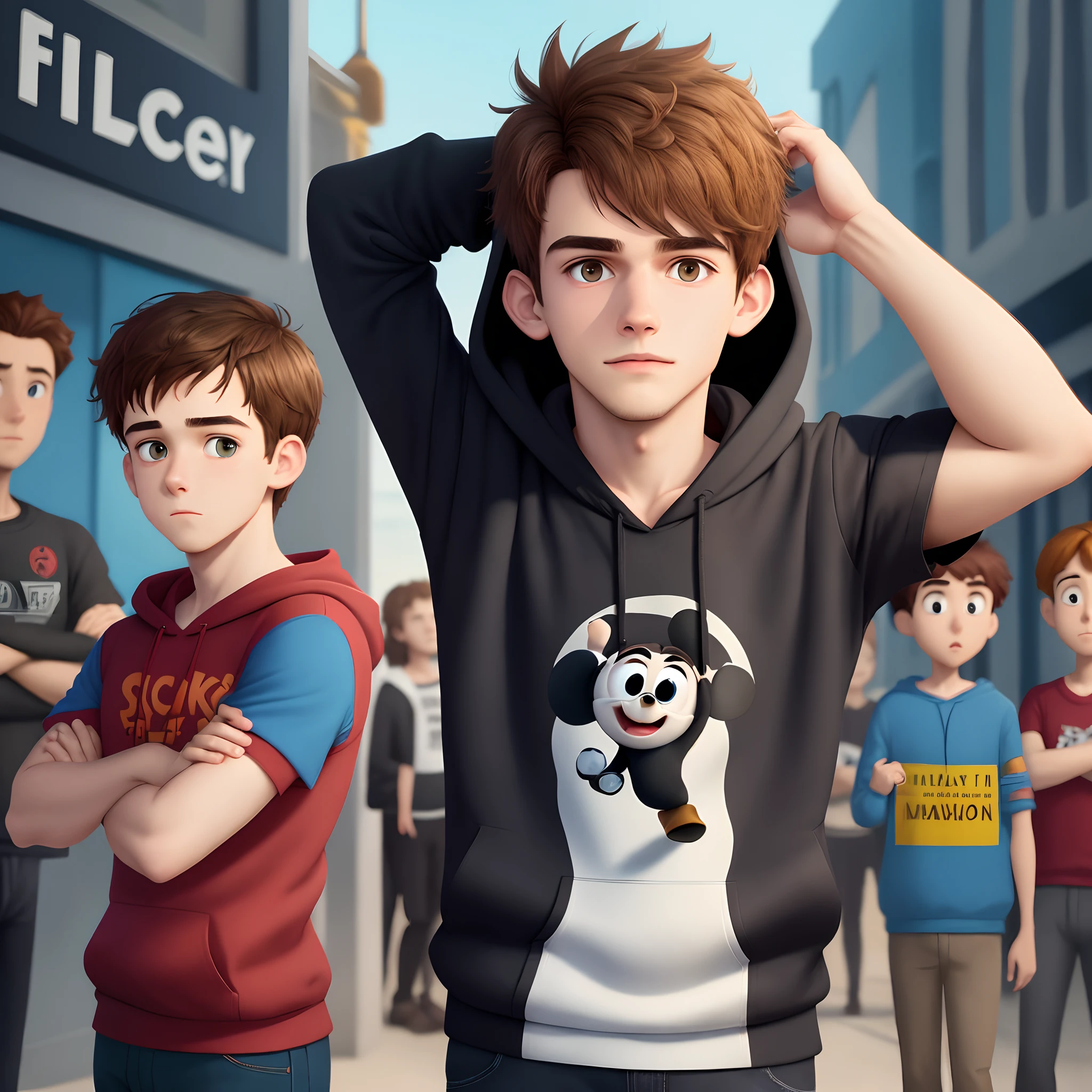 Capa de filme da disney e pixar, With a young man hacker with black hoodie on his head, Brown hair and eyes and arms crossed with the title "escola hacker", super real