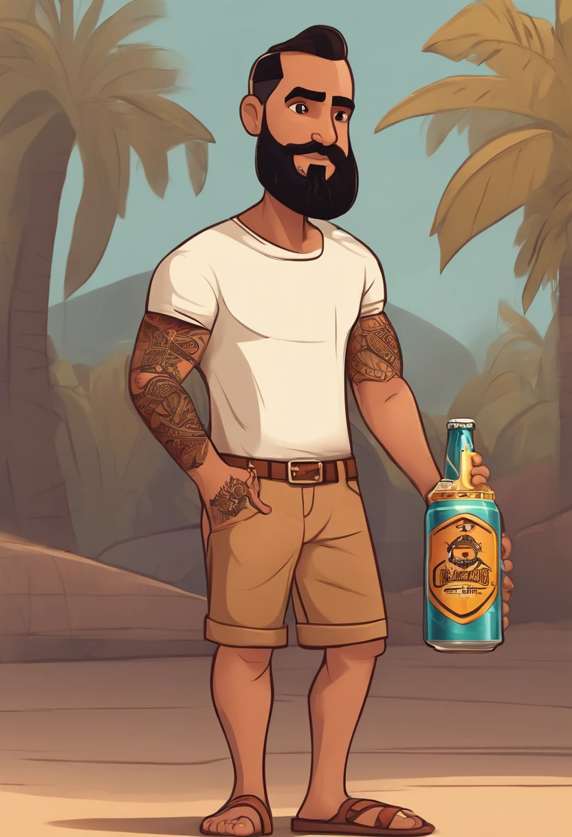 Cartoon character of a short 35-year-old man with beard and with tribal tattoo on his right arm, cabelos pretos, Undercover haircut with t-shirt with shorts ,Slipper holding a can of beer in his light brown skin color hand