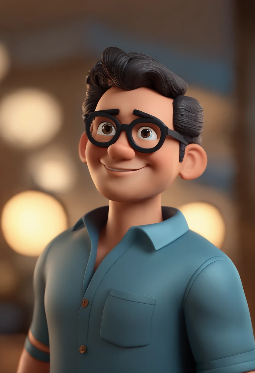 Cartoon character of a man with black glasses, cabelo cacheado marrom escuro e uma camisa azul, animation character, Caractere estilizado, animation style rendering, 3D estilizado, Arnold Maya render, 3 d render stylized, toon render keyshot, Personagem 3D, Personagem 3D, 3d rendering stylized, 3 d character render, personagem de desenho animado, Personagem de close up, Pose de personagem,  (Estilo Pixar) (master part:1.2) (Bokeh) (best quality) (pele detalhada) (textura detalhada) (8k) (argila) (Cinematic lighting) (foco nítido