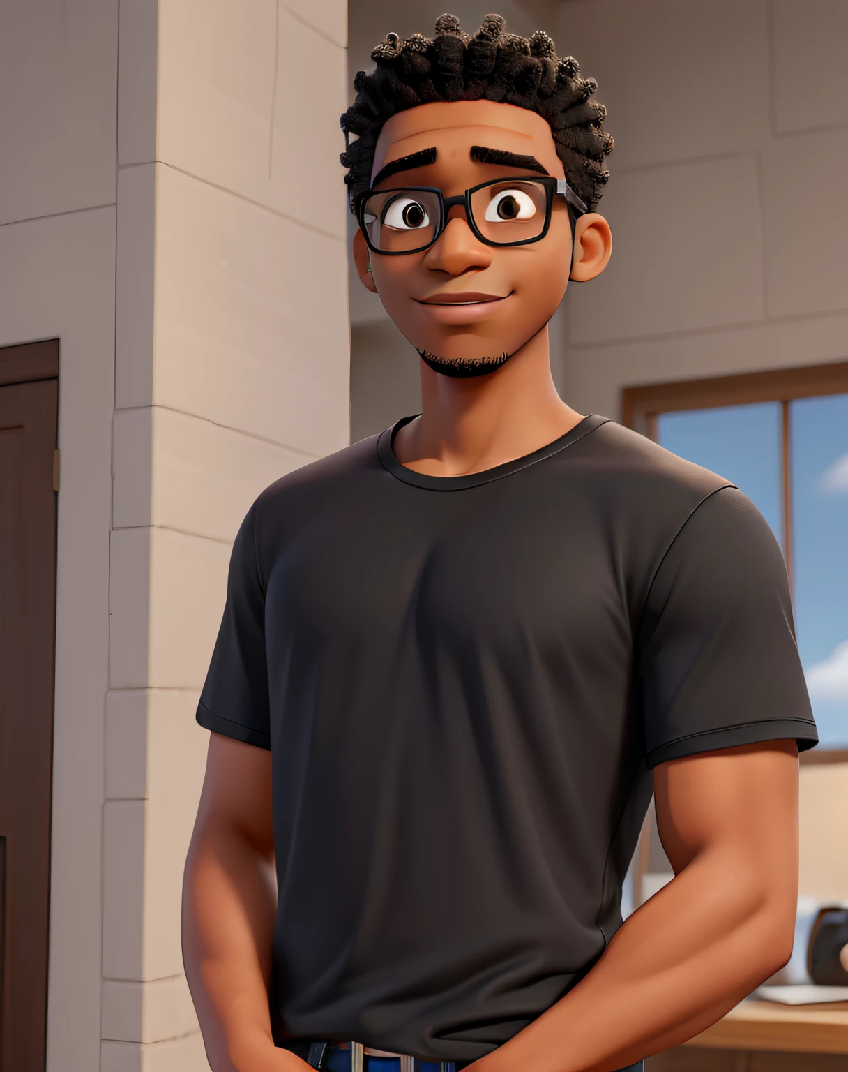 obra-prima, de melhor qualidade, A black man with glasses, sem cabelo, wearing a black T-shirt and jeans