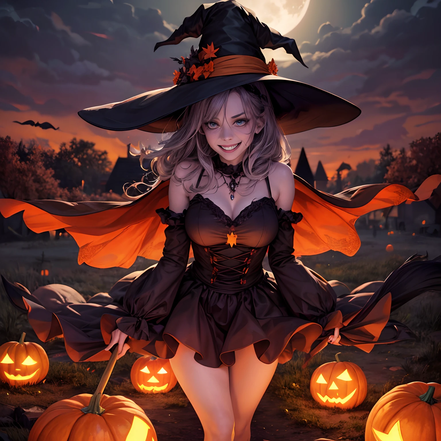 (best quality,4k,8k,highres,masterpiece:1.2),ultra-detailed,(realistic,photorealistic,photo-realistic:1.37),portraits,happy Halloween,witch,night,full moon,haunted house,costumes,pumpkins,ghosts,bats,spooky atmosphere,children trick-or-treating,laughter,joyful expressions,candy-filled baskets,crowded streets,orange and black color palette,witch's hat,creepy makeup,magic broom,witch's cauldron,glowing jack-o'-lanterns,grinning skeletons,scary shadows,moonlight casting eerie glow,howling wind,cackling laughter,fallen leaves,autumn scenery,spiders and cobwebs,witch's brew,moonlit sky,smiling faces,carved pumpkins,spooky decorations,witching hour,enchanted forest,mystical atmosphere,playful spirits,vivid colors,ominous night scenery,happy Halloween celebration.