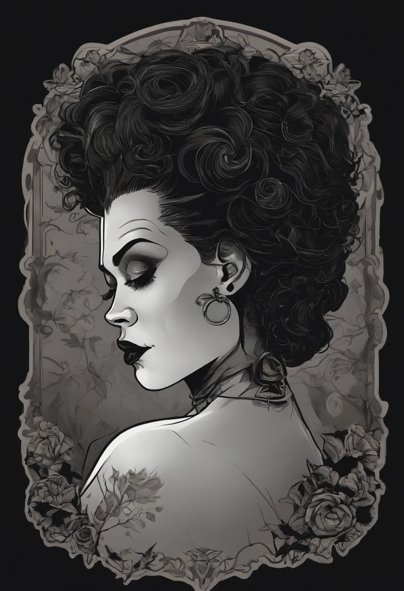/imagine prompt: bride of frankenstein llustration for a sticker with a black background, in bold outline style, jagged edges, trashcore, light shading --v 5.2