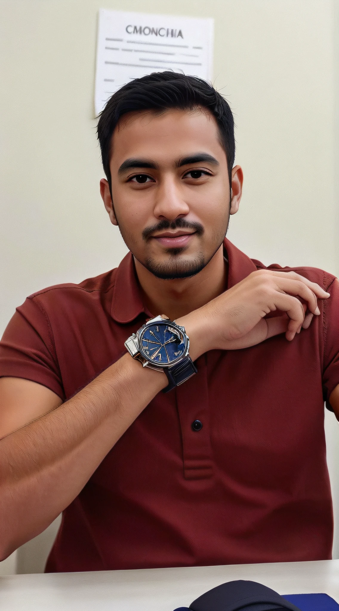 There's a man sitting at a desk with a computer mouse, wearing a watch, wears a watch, Mohamed Chahin, usando faixa presidencial, inspirado em Fathi Hassan, com rosto preciso, Estilo Mohamed Chahin, holding gold watch, inspirado em Ahmed Yacoubi, usando um parker, inspirado em Bikash Bhattacharjee, Alex