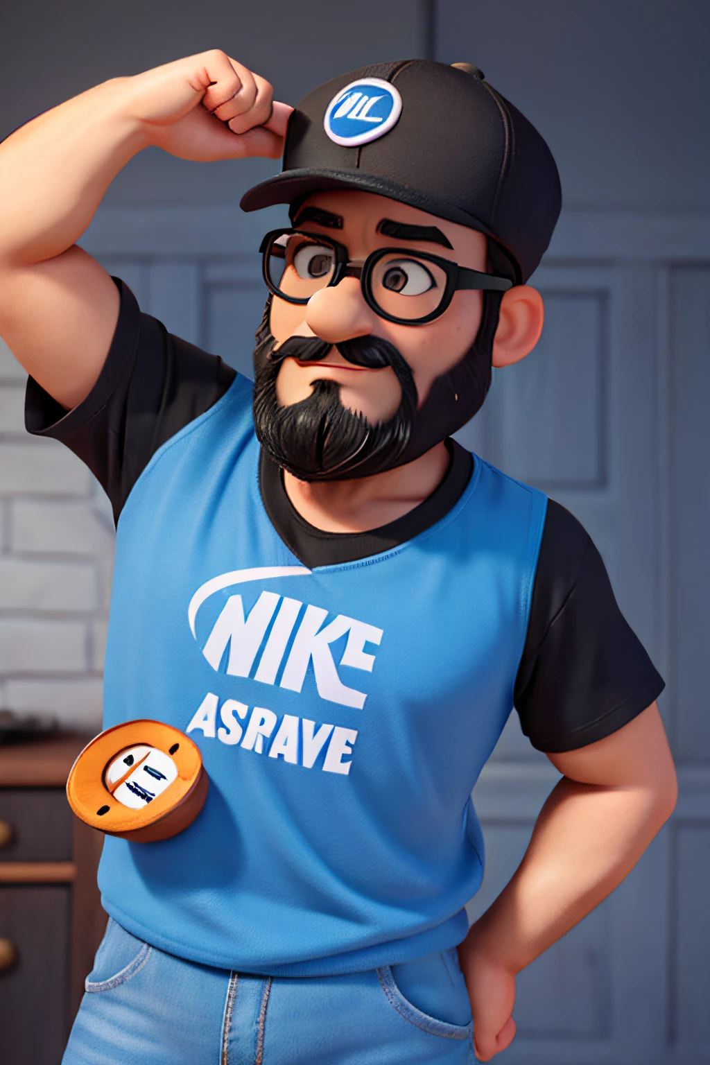 52 year old man disney pixar style skin black hair medium size black beard medium size wearing cap brand nike blue shirt glasses square black best quality