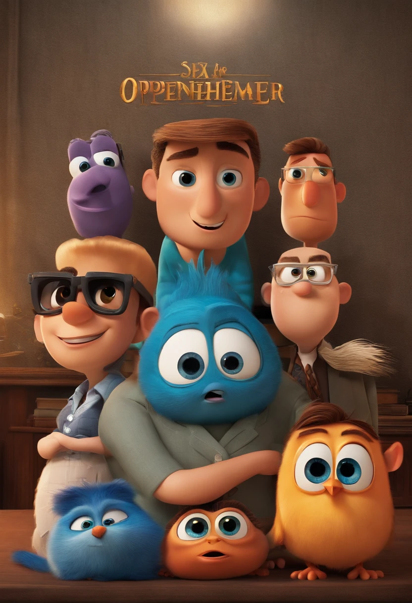 filme Empreendedor 2023 estilo filmes Pixar, Com nome "Oppenheimer", poster, with credits