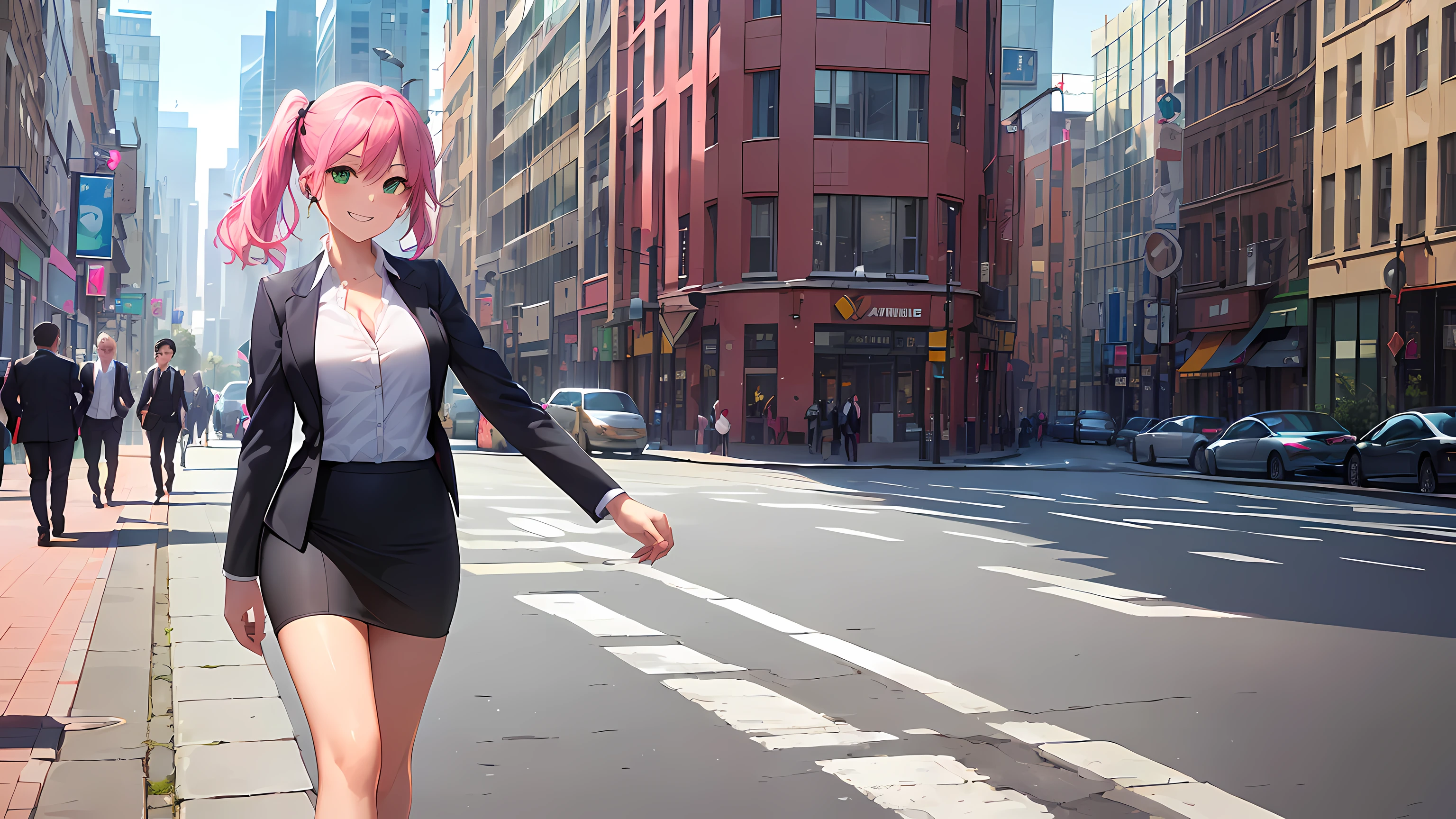 ((loose closeup)) ​masterpiece, 1girl ((20year old, dressed in a tight red business suit, business suit jacket, tight white shirt, tight knee length business skirt, high heels, medium breasts, multicolor pink hair, twin ponytails, perfect model body, green eyes:1.5, flirting, happy, big smile, wearing headphones, looking at viewer, walking down a busy city street:1.2, with tall buildings in the background:1.3, professional and casual atmosphere:1.2)) ((solo:1.6))