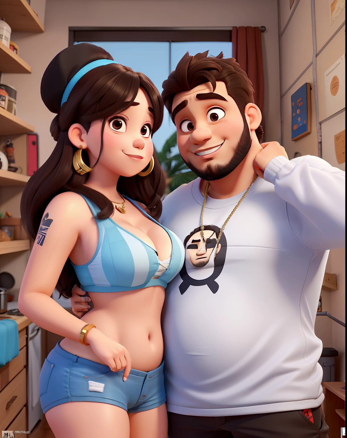 Um Casal , um homem gordinho com roupa de hip hop e mulher gordinha do cabelo ondulado, fumando narguile