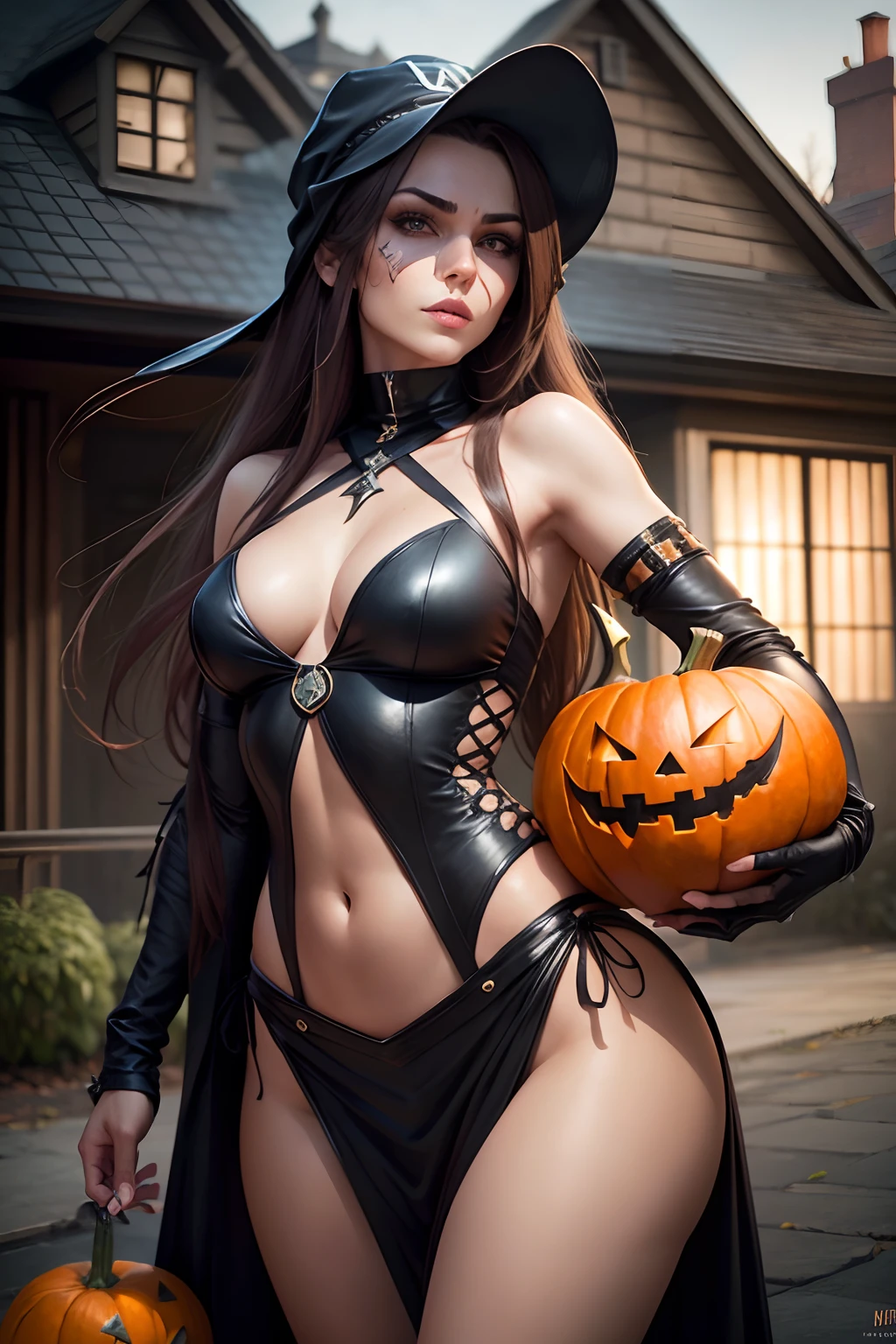 realistic akali, with Helloween costume, near a creepy house, holding a pumpkin, 8k resolution, (best quality: 1.1), (anatomically correct: 1.1), (perfect hand: 1.1 ), ( (Facial Detail: 1.3)), (Skin Detail), (Perfect Eyes), (Perfect Nose), (perfect hand fingers)